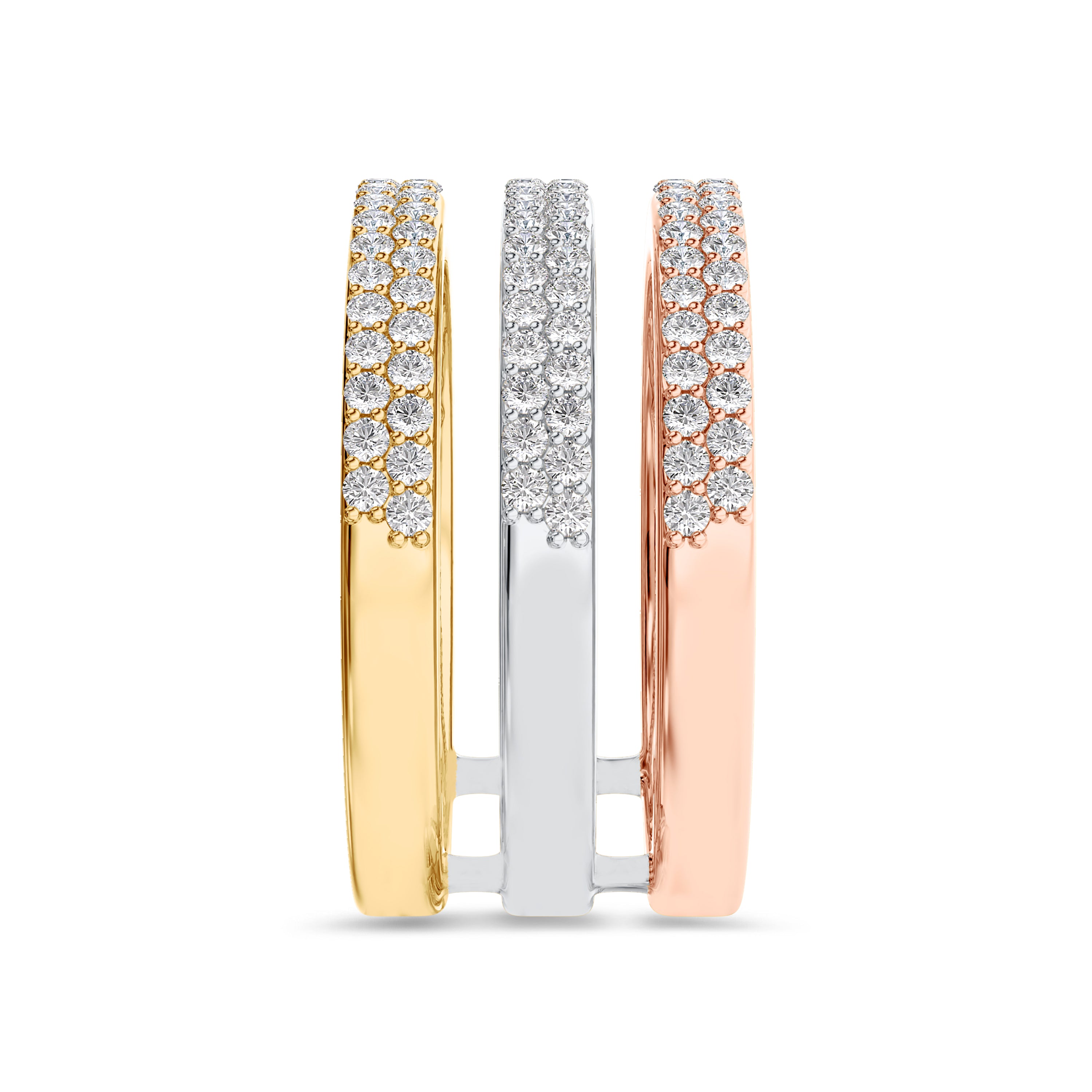 Tri color diamond ring in 18k rose, white and yellow gold, 0.92 carat, FG color, SI clarity