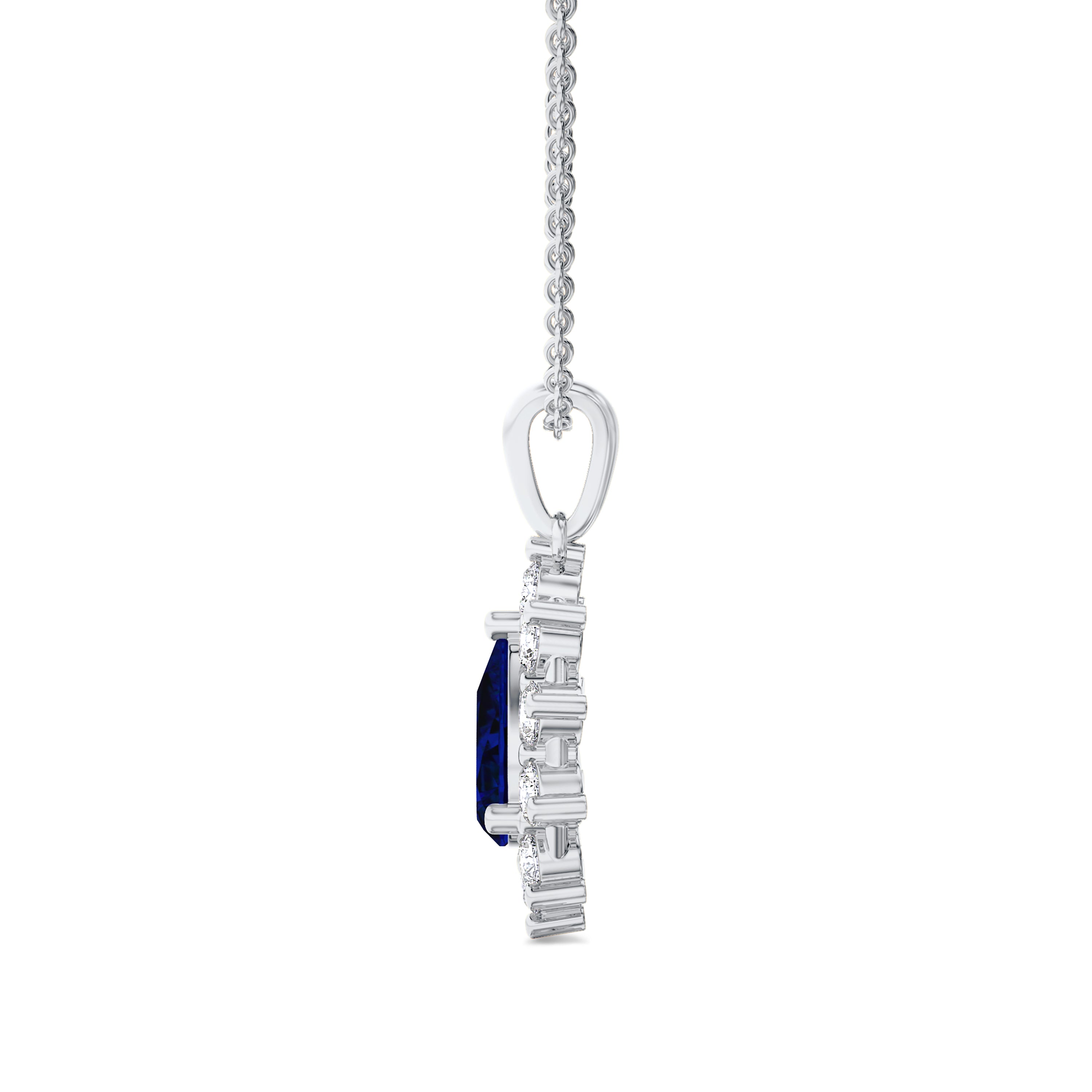diamond and pear shaped sapphire necklace in 18K white gold, FG color, SI clarity, diamonds in 0.43 carats, sapphire in 0.90 carats