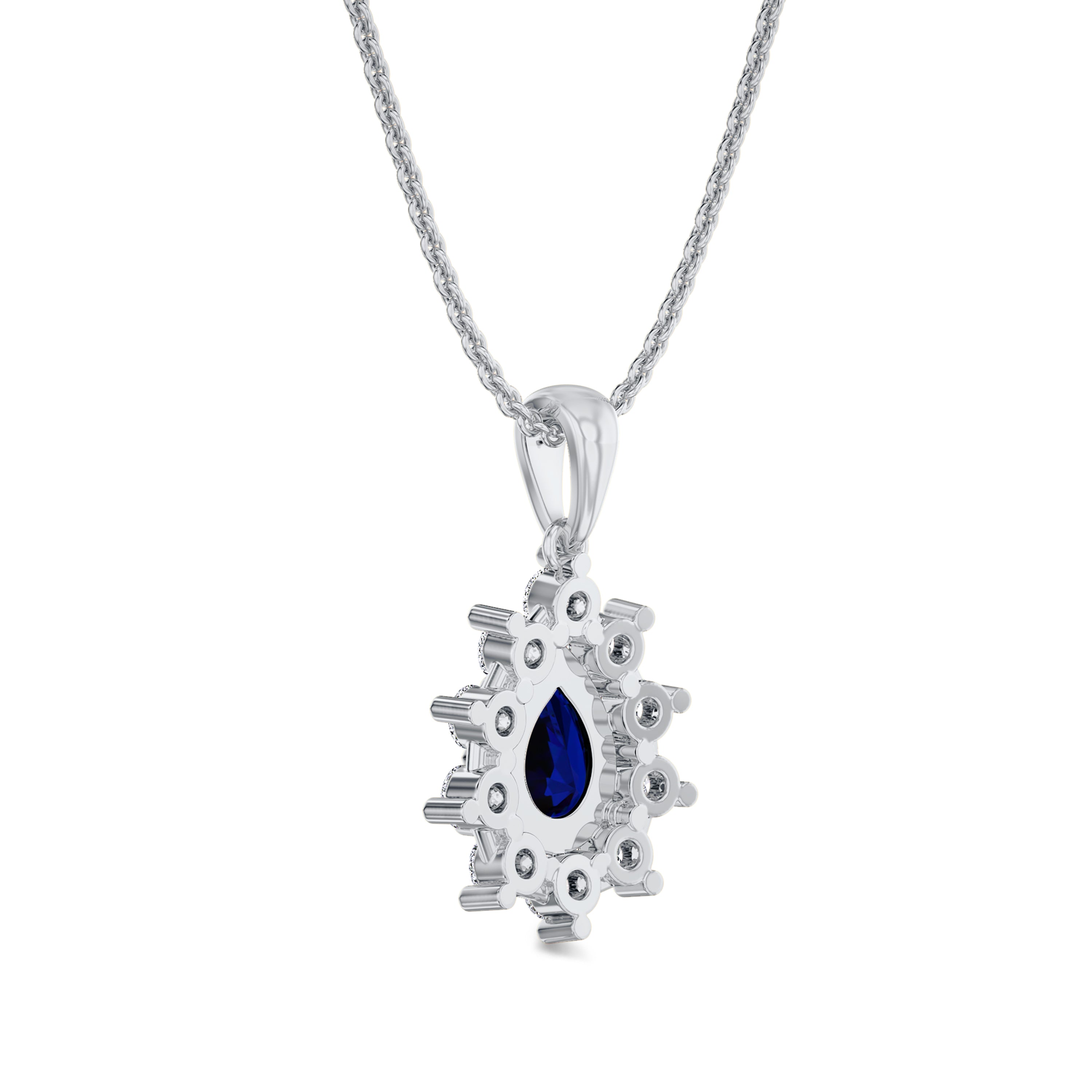 diamond and pear shaped sapphire necklace in 18K white gold, FG color, SI clarity, diamonds in 0.43 carats, sapphire in 0.90 carats