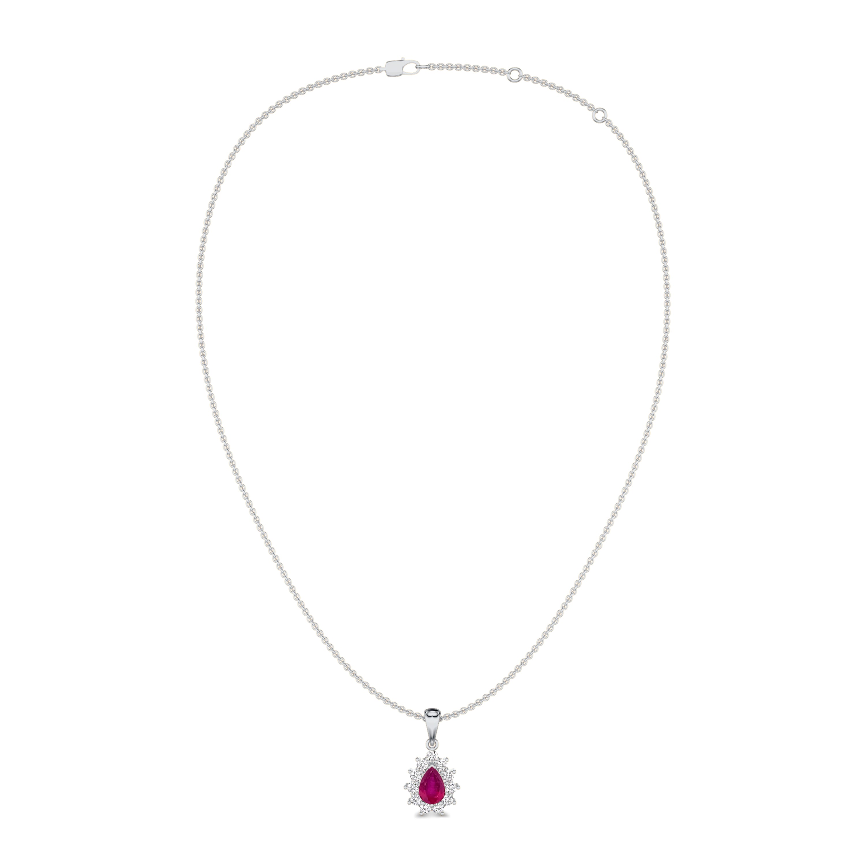diamond and pear cut ruby necklace in 18k white gold, FG color, SI clarity, diamonds in 0.22 carat and ruby in 0.52 carat