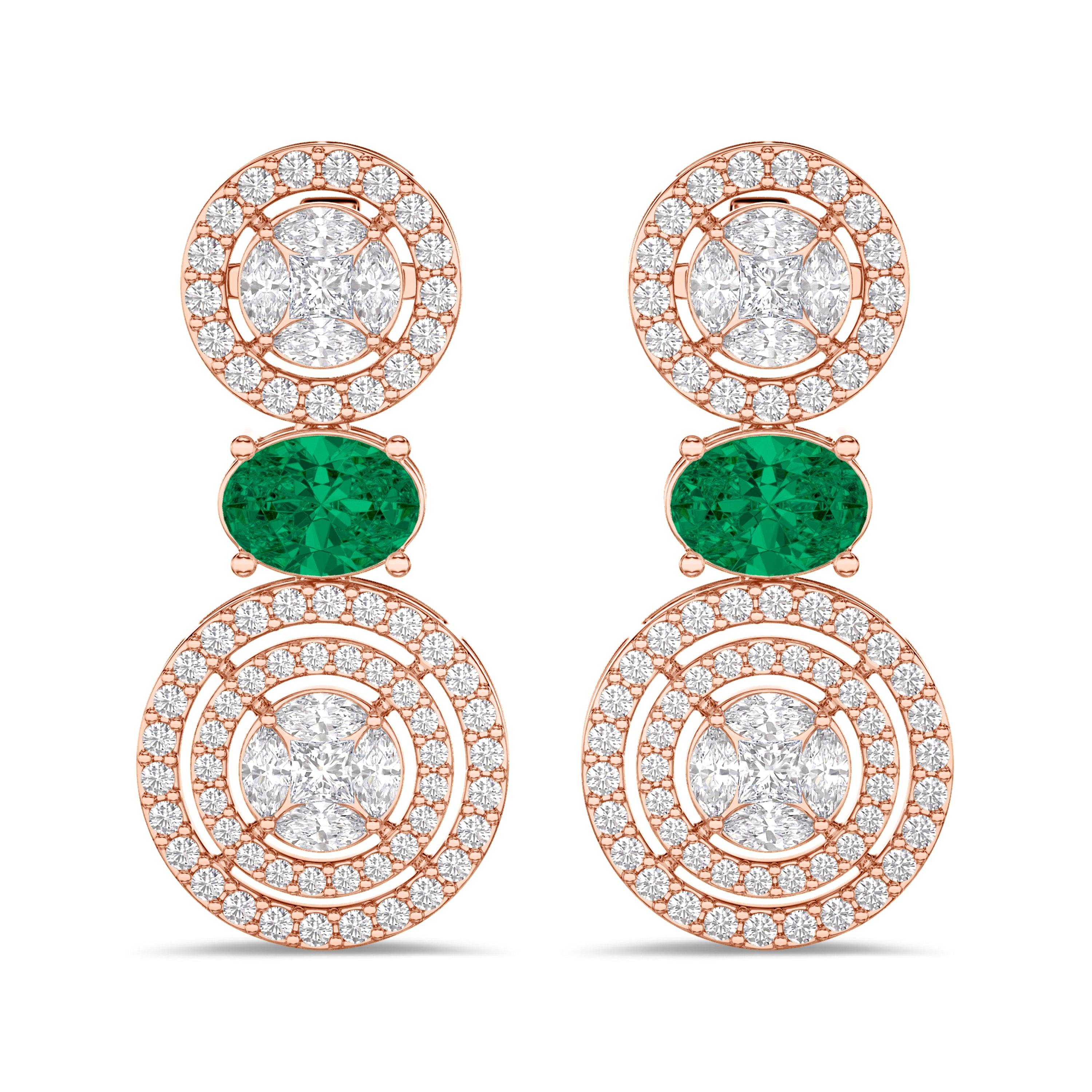 Diamond and emerald earrings in 2.01 carat diamond, 1.32 carat emerald, F color, VS-SI clarity, 18k rose gold #gold_rose