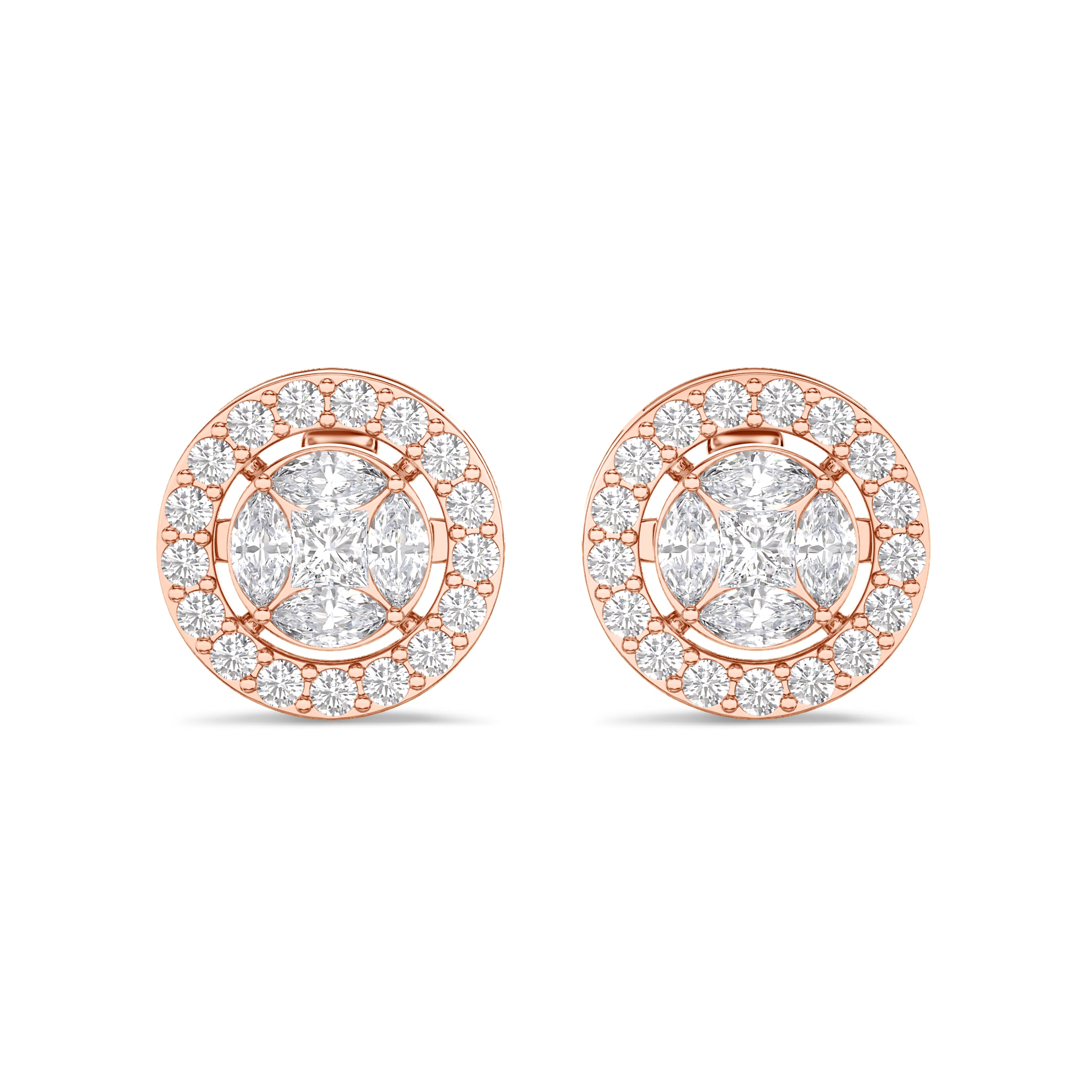 Round cluster diamond earrings in 18k gold, 0.72 carats, F-G color, VS-SI clarity, rose gold #gold_rose