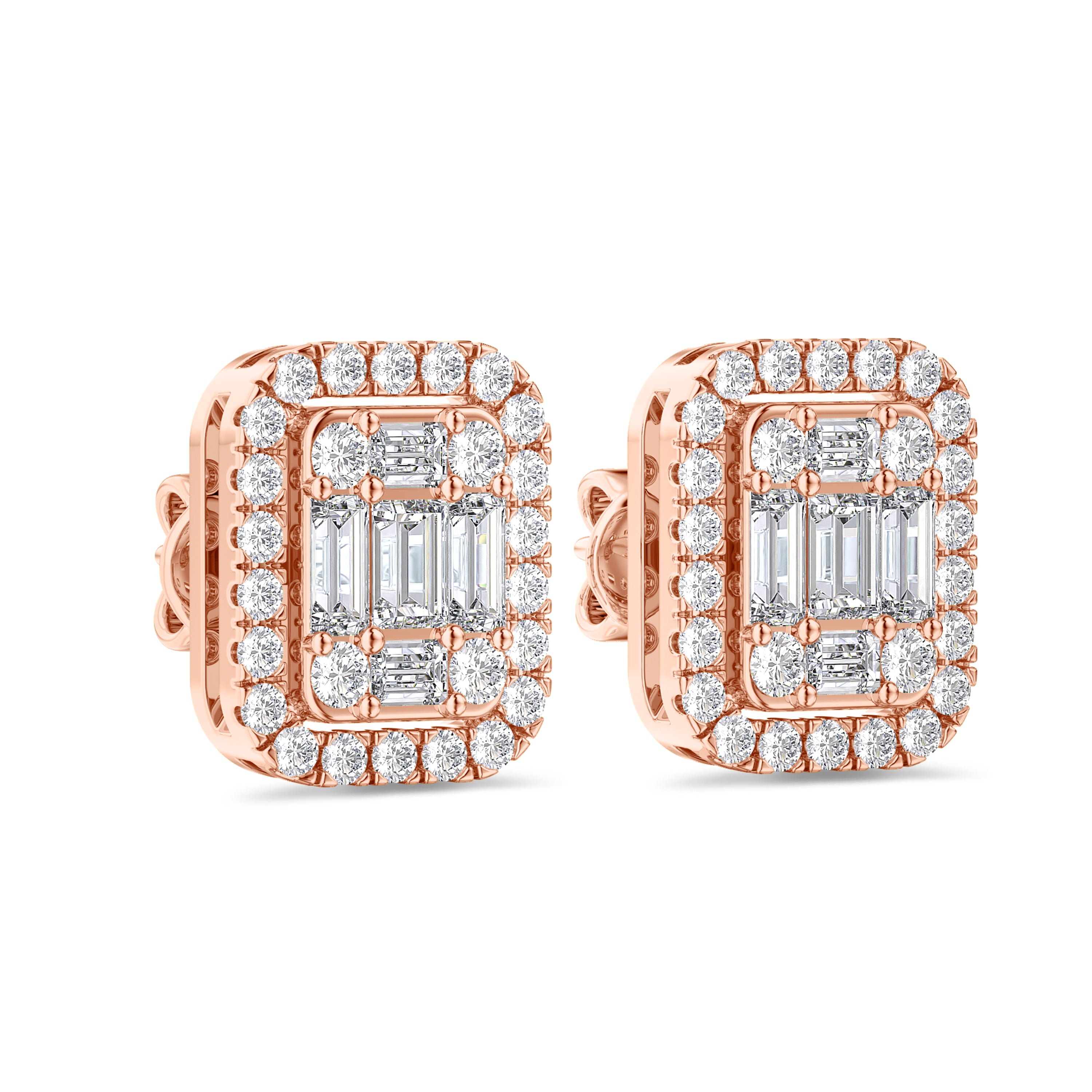 baguette and round cut rose gold diamond earrings in 18k, FG color and SI clarity. 0.48 carat #gold_rose