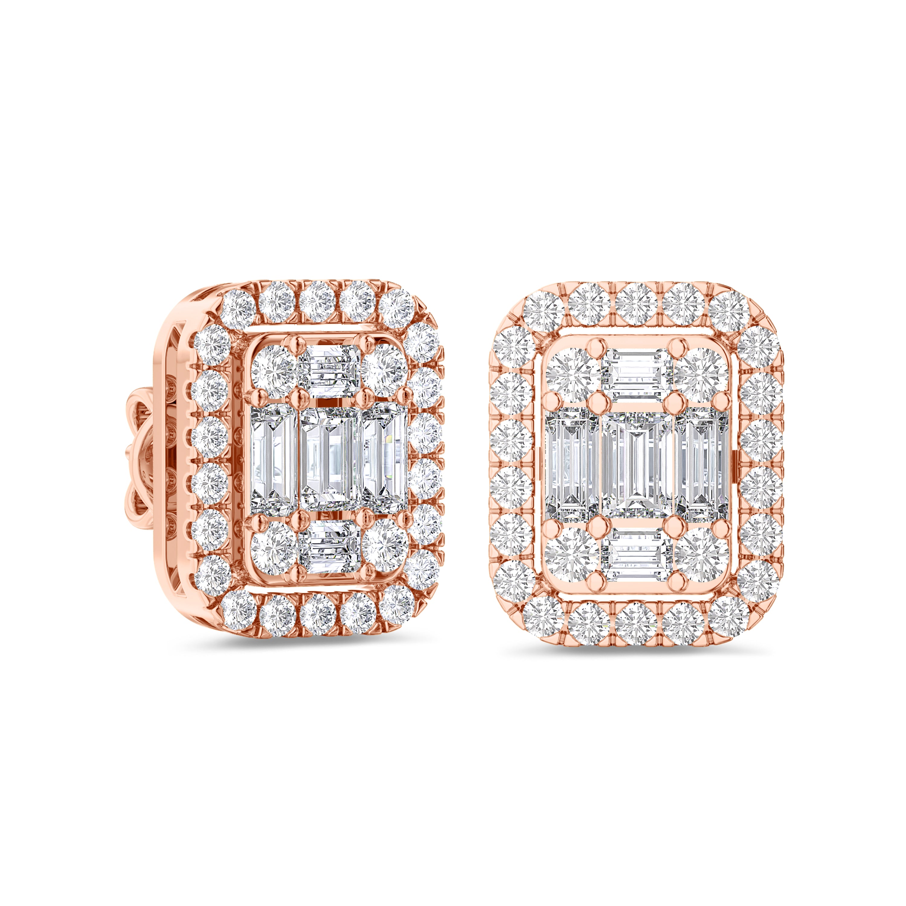 baguette and round cut rose gold diamond earrings in 18k, FG color and SI clarity. 0.48 carat #gold_rose