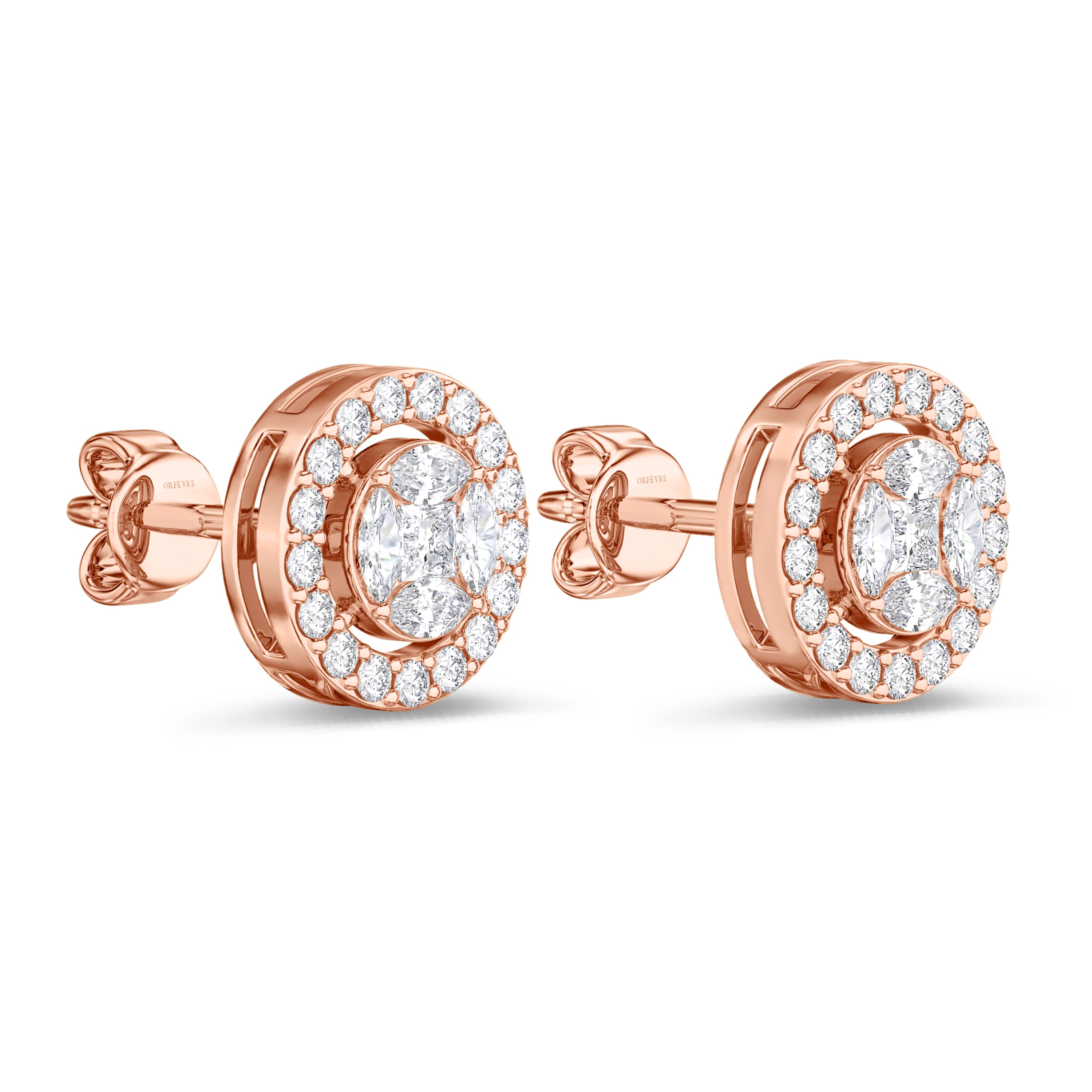 Round cluster diamond earrings in 18k gold, 0.72 carats, F-G color, VS-SI clarity, rose gold #gold_rose