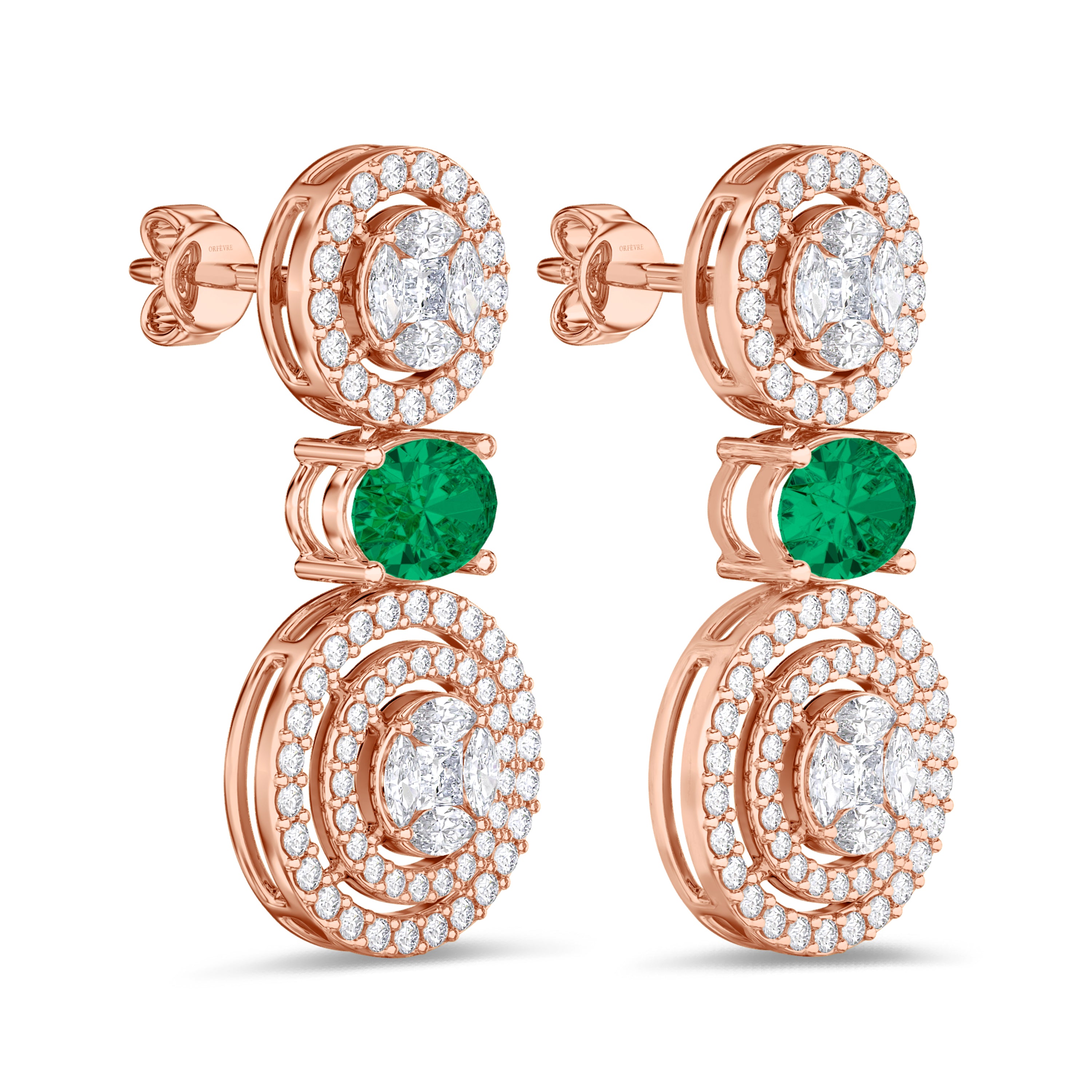 Diamond and emerald earrings in 2.01 carat diamond, 1.32 carat emerald, F color, VS-SI clarity, 18k rose gold #gold_rose