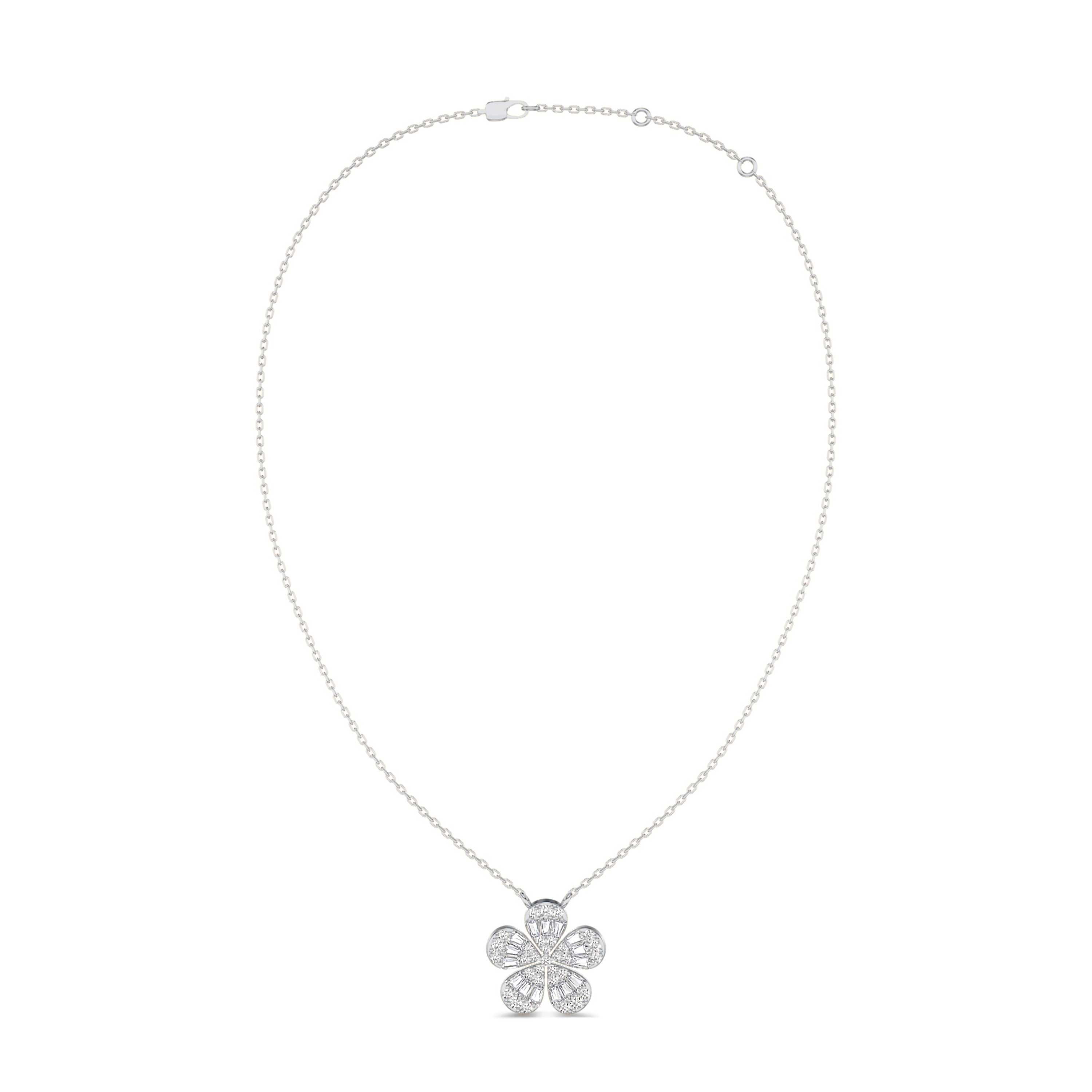 Flower diamond necklace in 0.48 carats, FG color, VS-SI clarity, 18k white gold