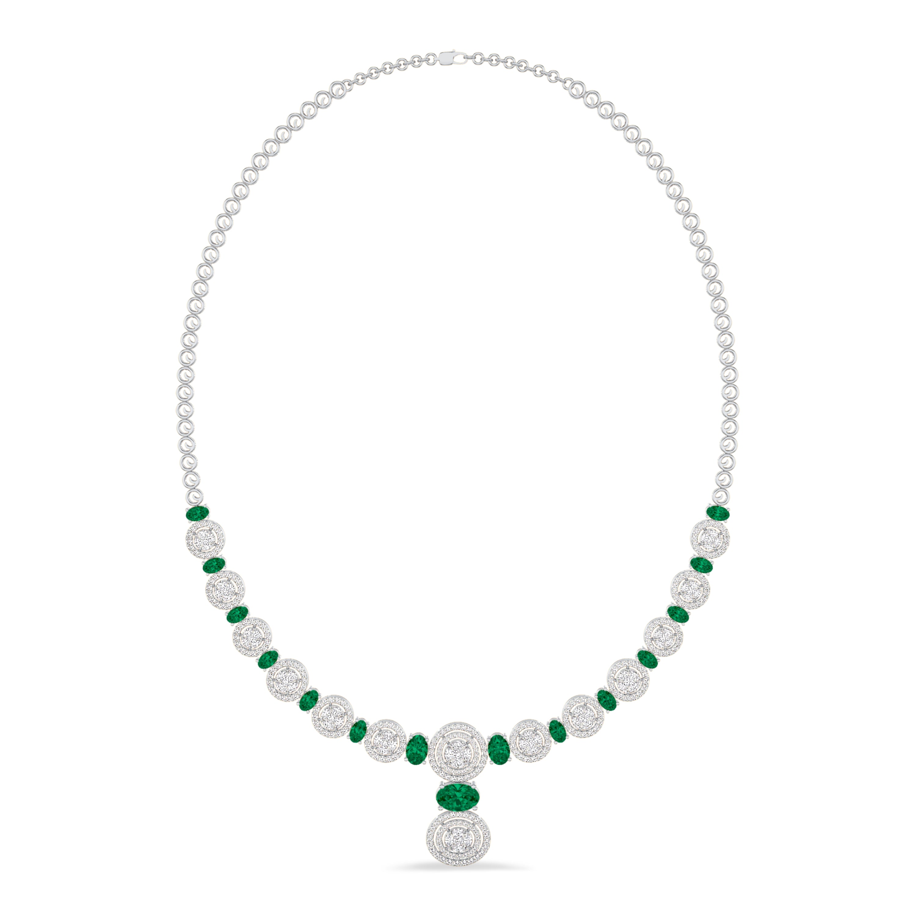Diamond and emerald necklace in 4.71 carat diamonds, 5.09 carat emerald, F color, VS-SI clarity, 18k white gold #gold_white