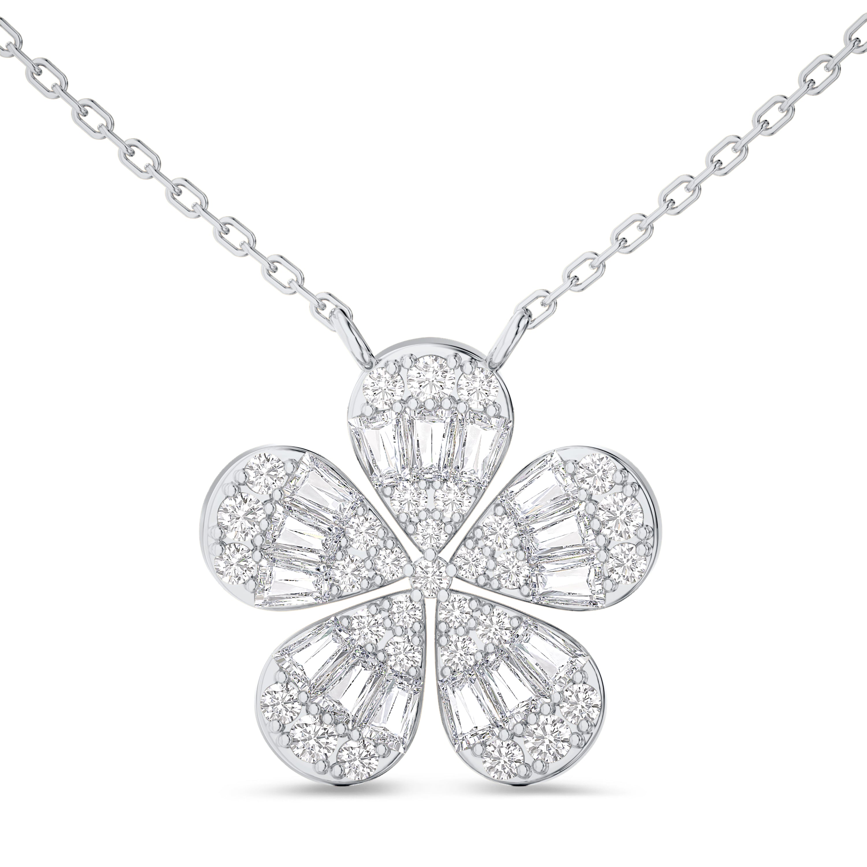 Flower diamond necklace in 0.48 carats, FG color, VS-SI clarity, 18k white gold