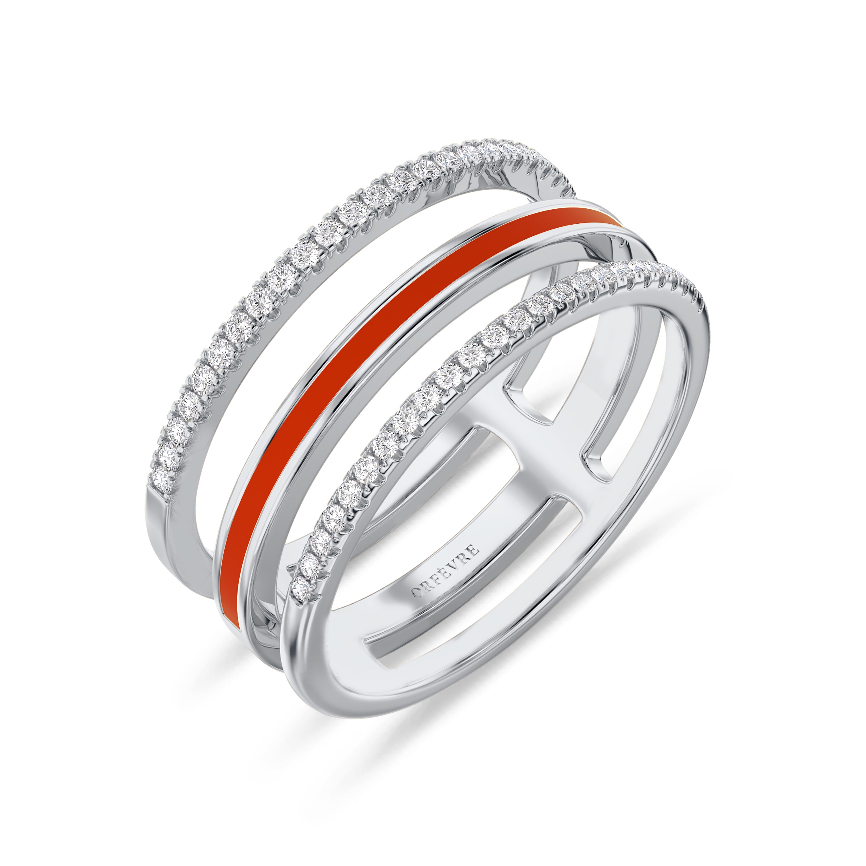 Triple band red enamel ring in 18k gold, 0.22 carats, FG color and SI clarity #gold_white