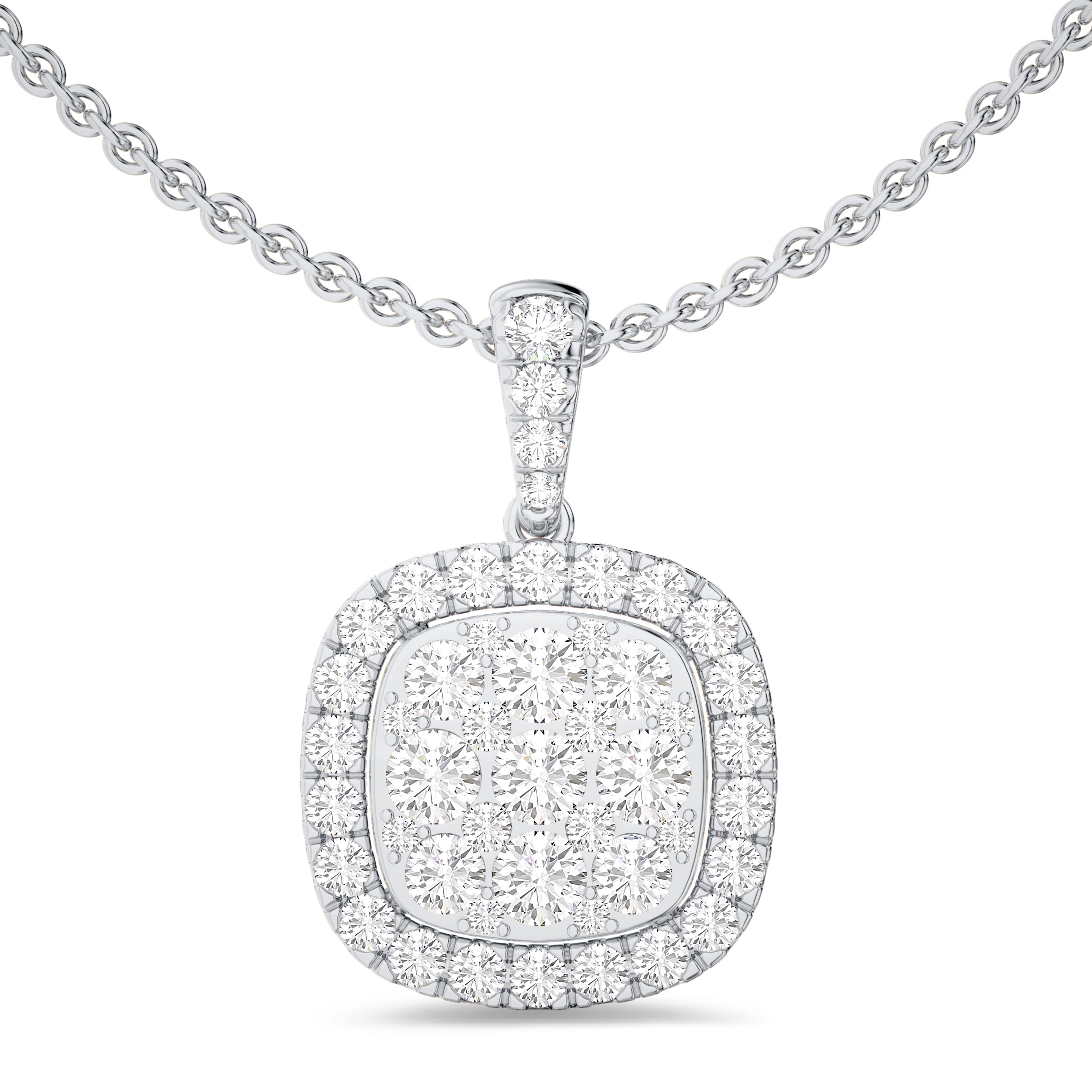 diamond cluster necklace in 18k white gold, 1.11 carats, FG color and SI clarity
