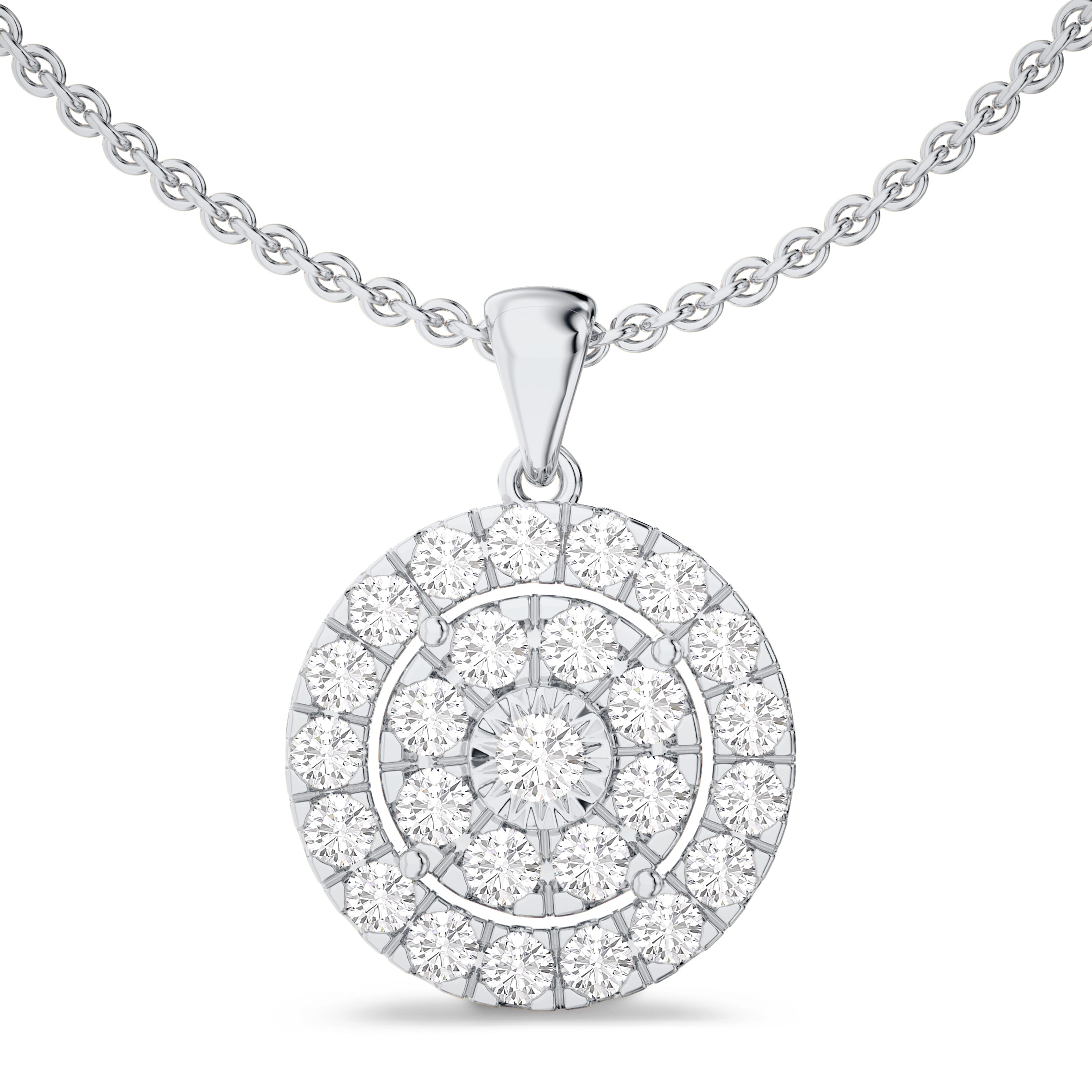 round cluster diamond necklace in 18K white gold, FG color, SI clarity, 0.32 carat