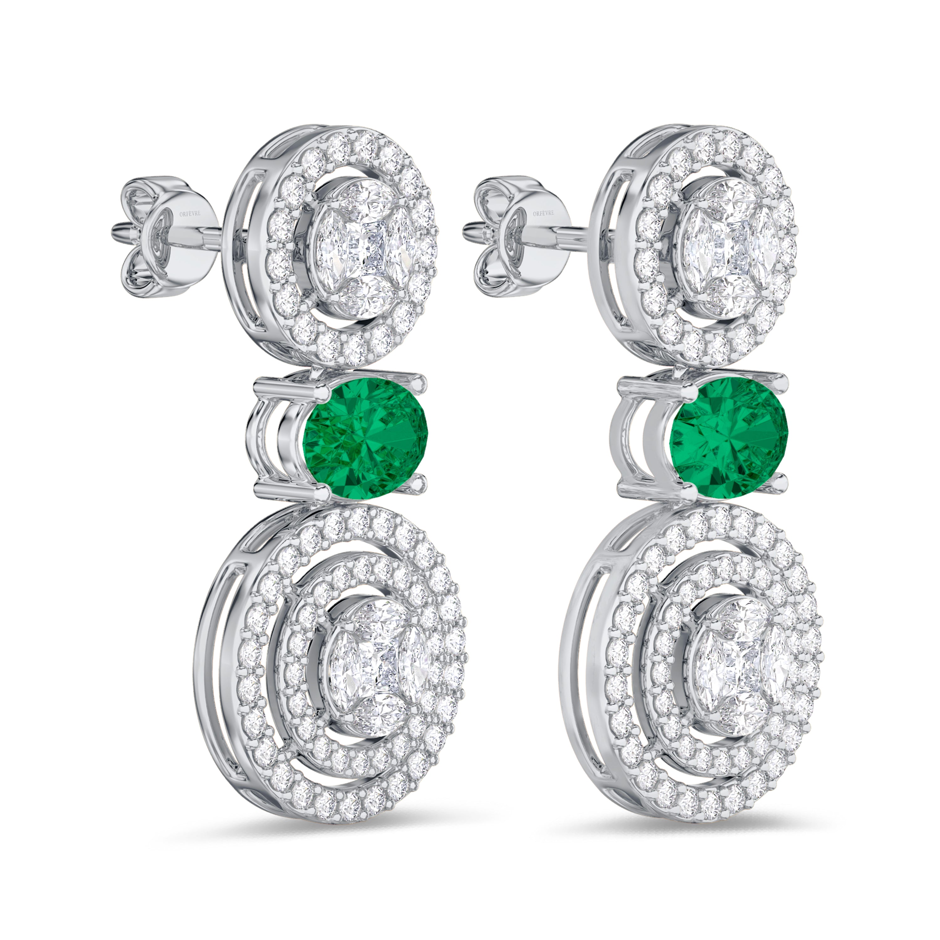 Diamond and emerald earrings in 2.01 carat diamond, 1.32 carat emerald, F color, VS-SI clarity, 18k white gold #gold_white