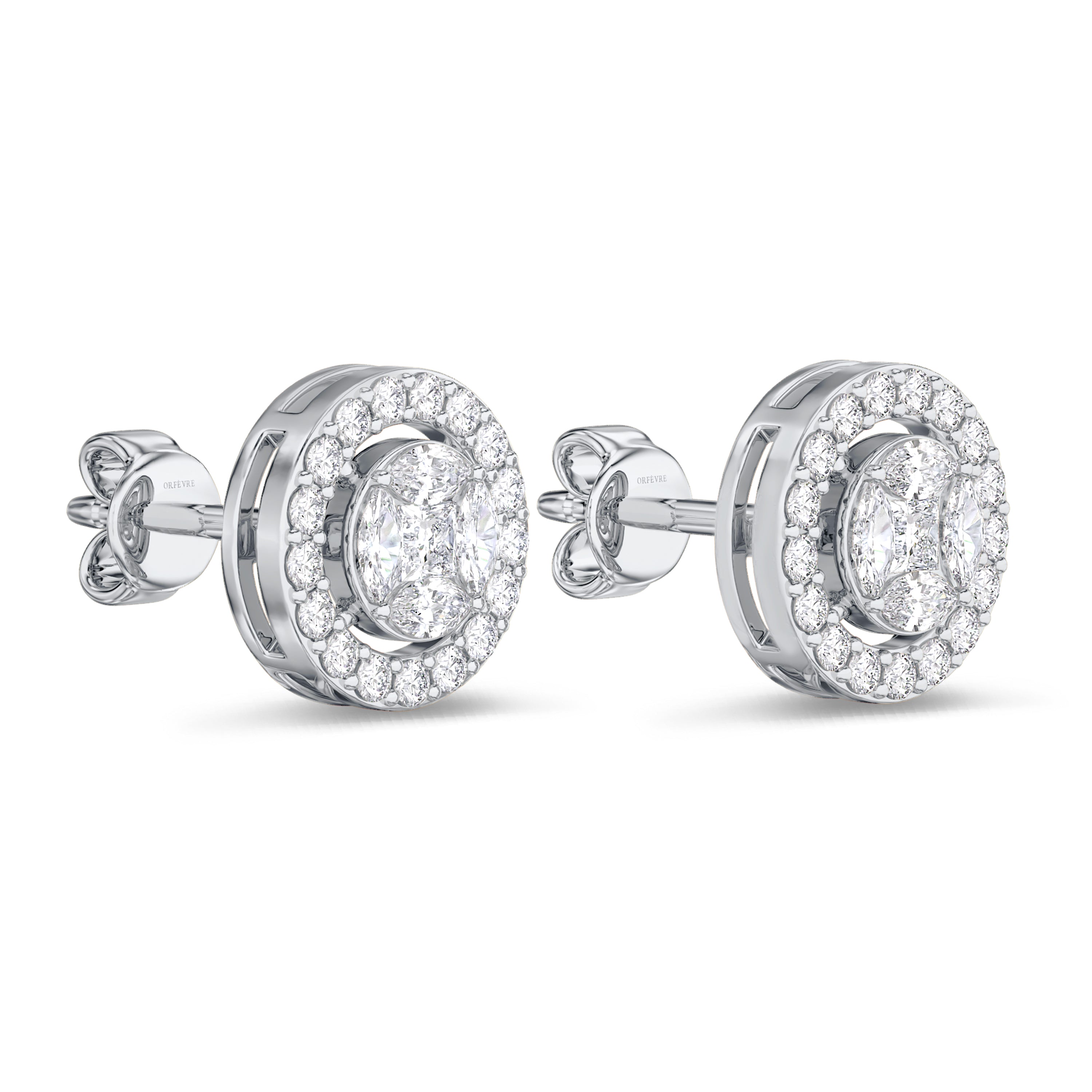 Round cluster diamond earrings in 18k gold, 0.72 carats, F-G color, VS-SI clarity, white gold #gold_white