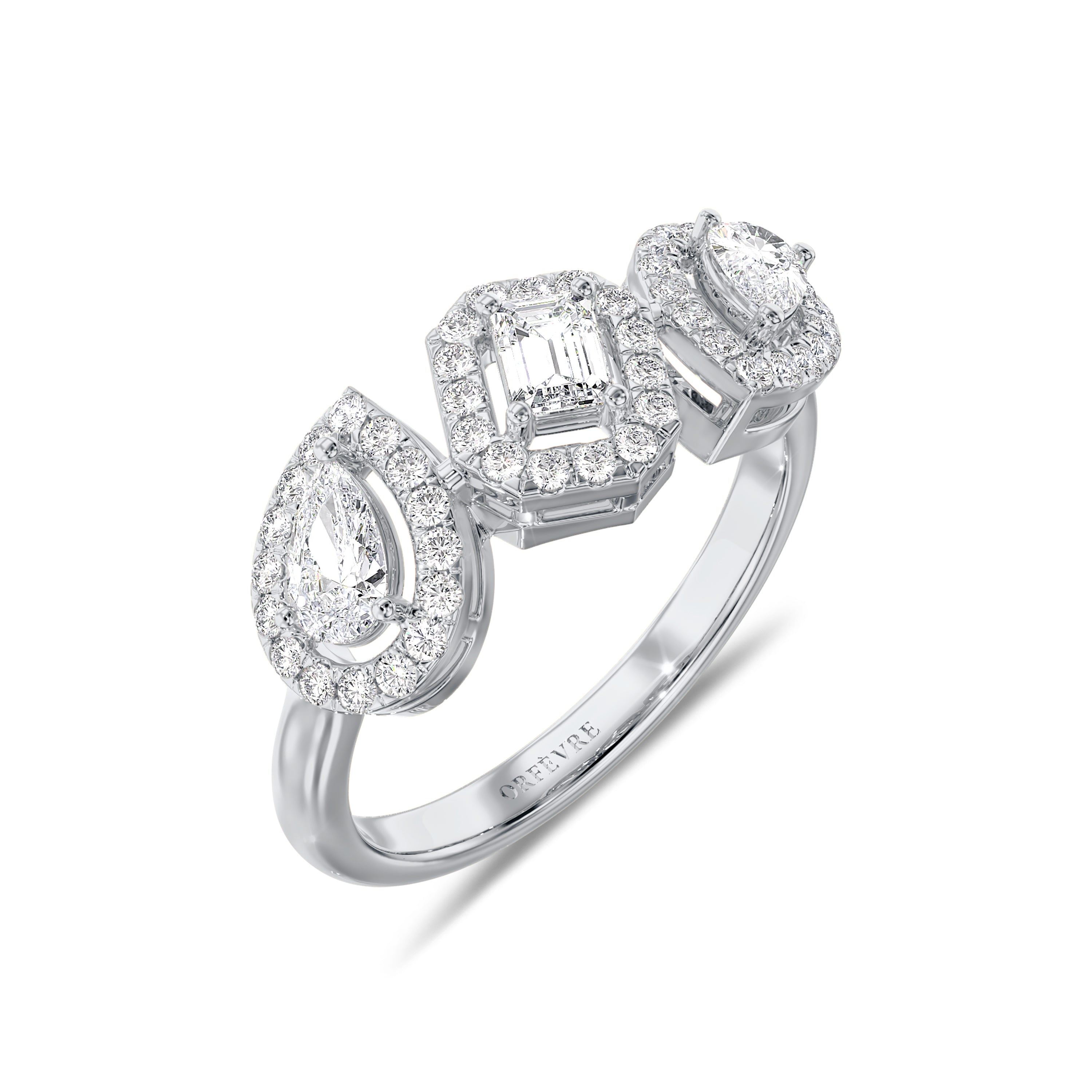 Emerald and Two Pear Cut Diamond Ring in 18k gold, 0.60 carats total, FG color, SI clarity #gold_white