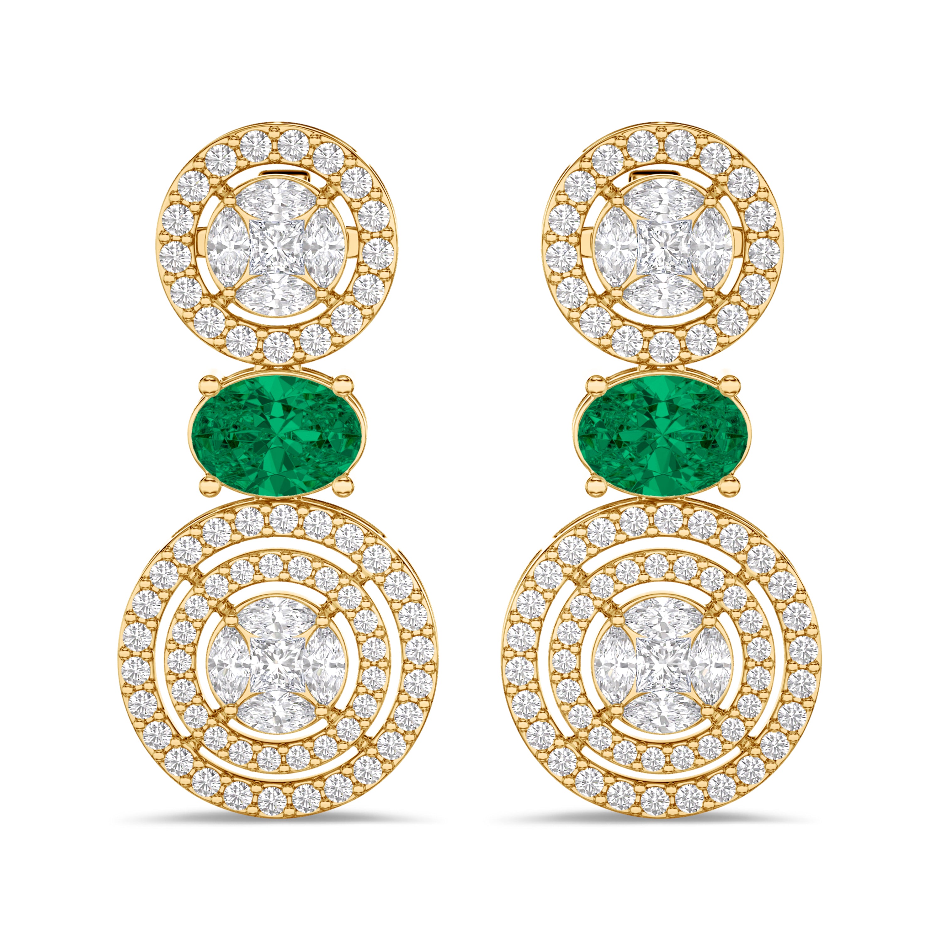 Diamond and emerald earrings in 2.01 carat diamond, 1.32 carat emerald, F color, VS-SI clarity, 18k yellow gold #gold_yellow