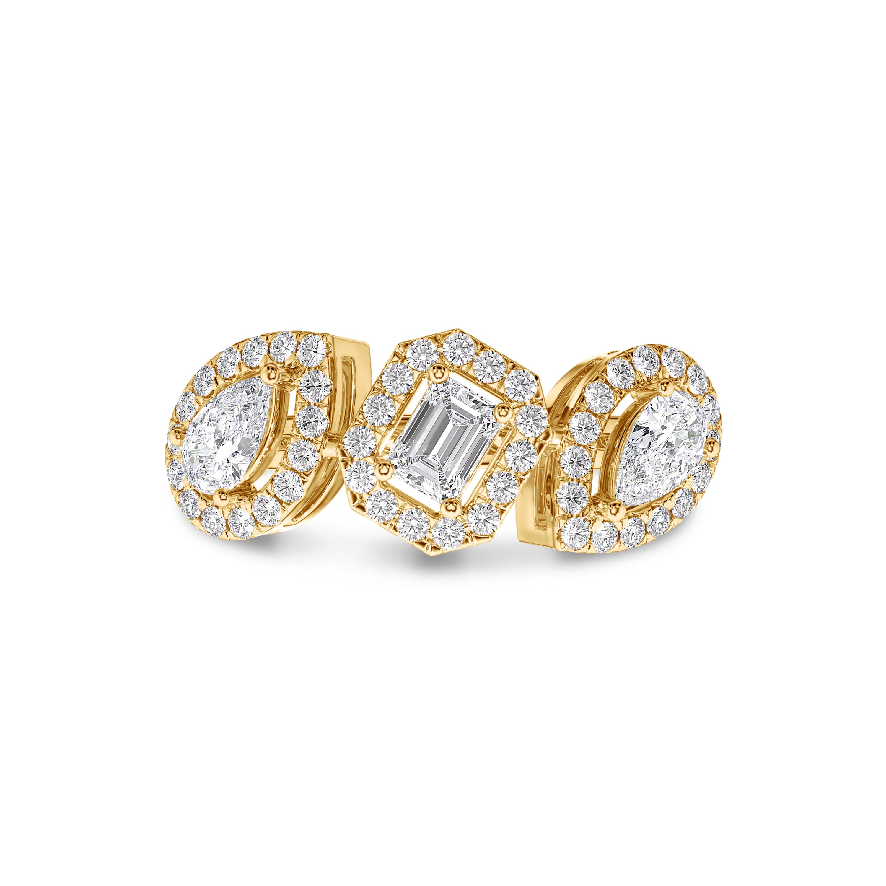 Emerald and Two Pear Cut Diamond Ring in 18k gold, 0.60 carats total, FG color, SI clarity #gold_yellow