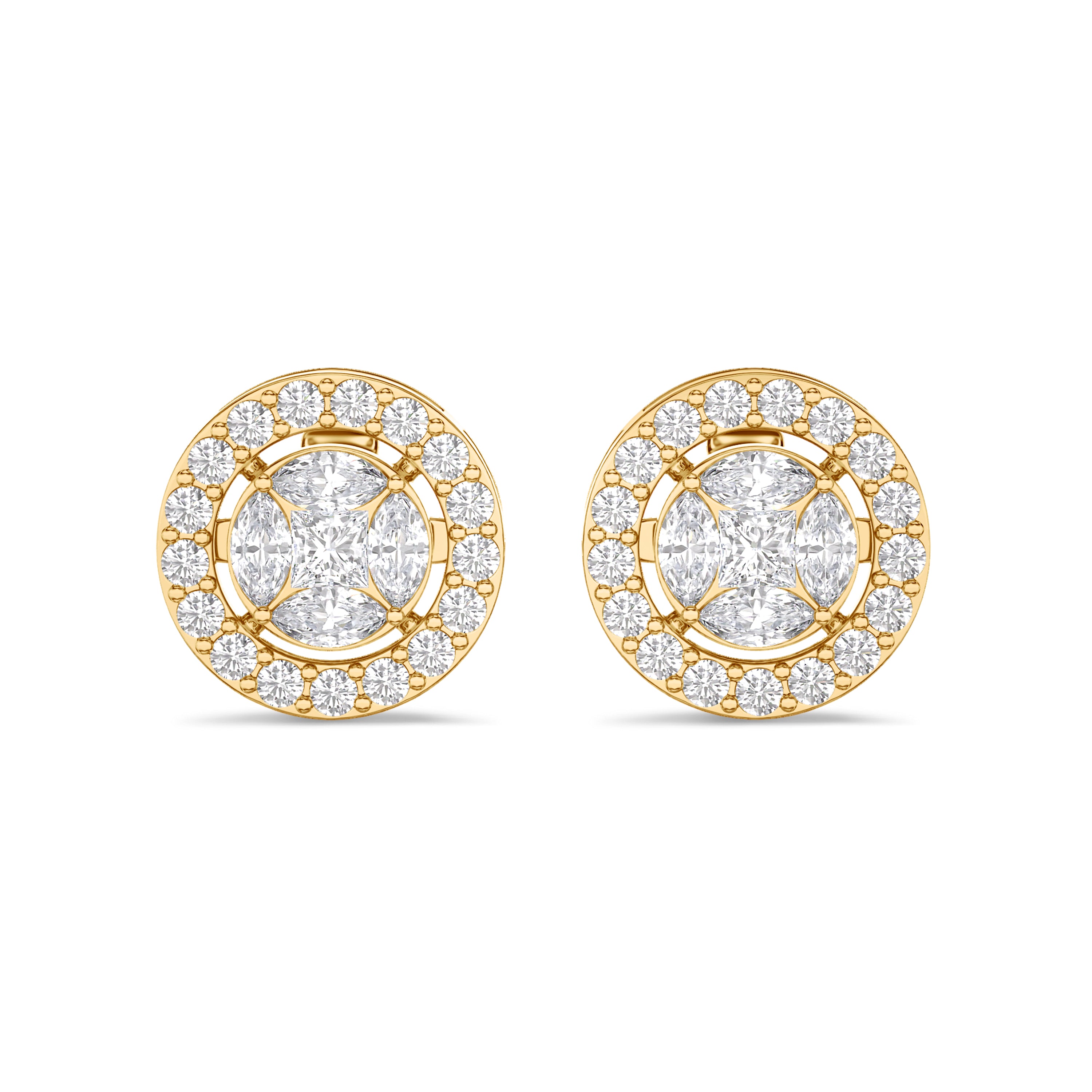 Round cluster diamond earrings in 18k gold, 0.72 carats, F-G color, VS-SI clarity, yellow gold #gold_yellow