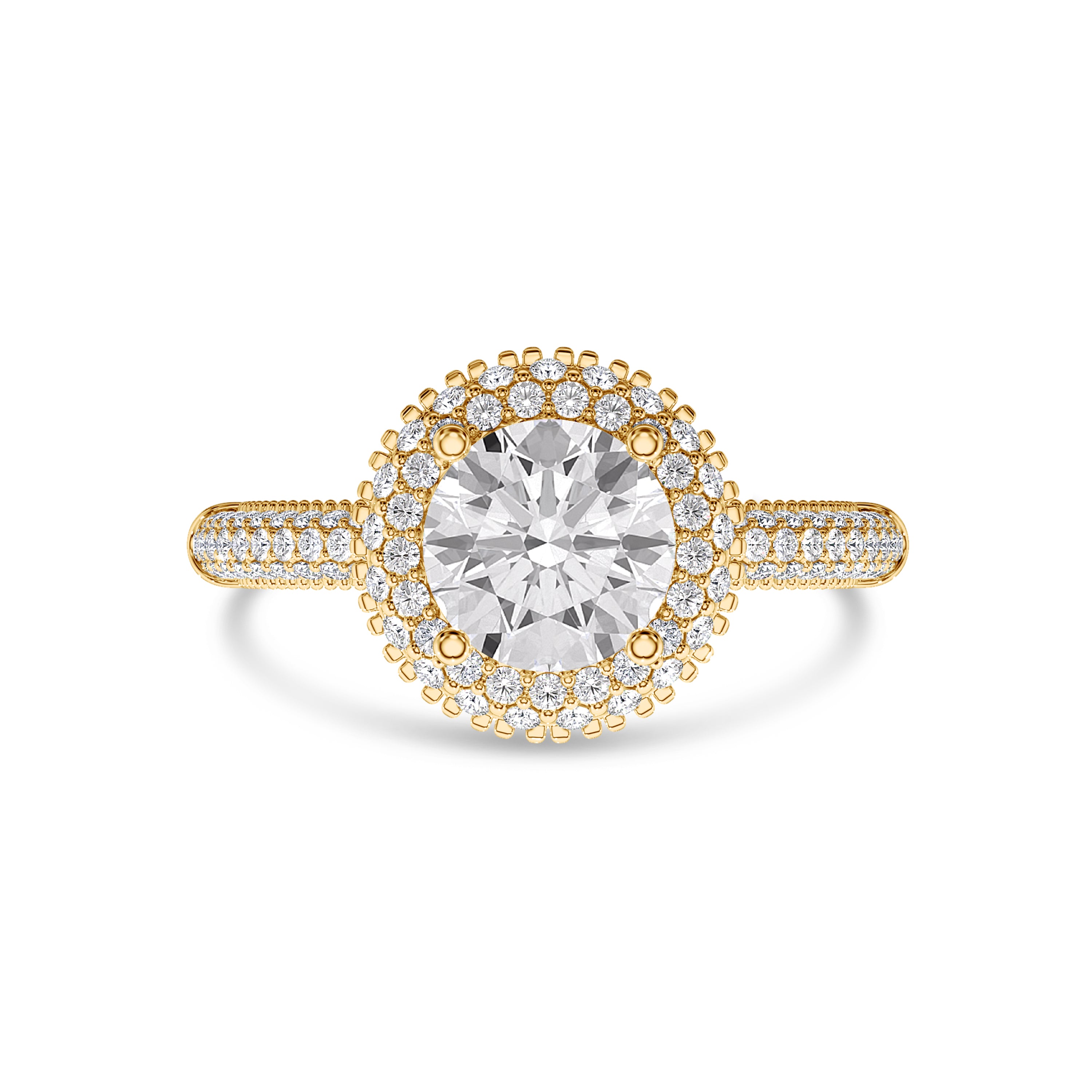 Halo engagement ring in 1.59 carats, F color, VS1 clarity, yellow gold #gold_yellow