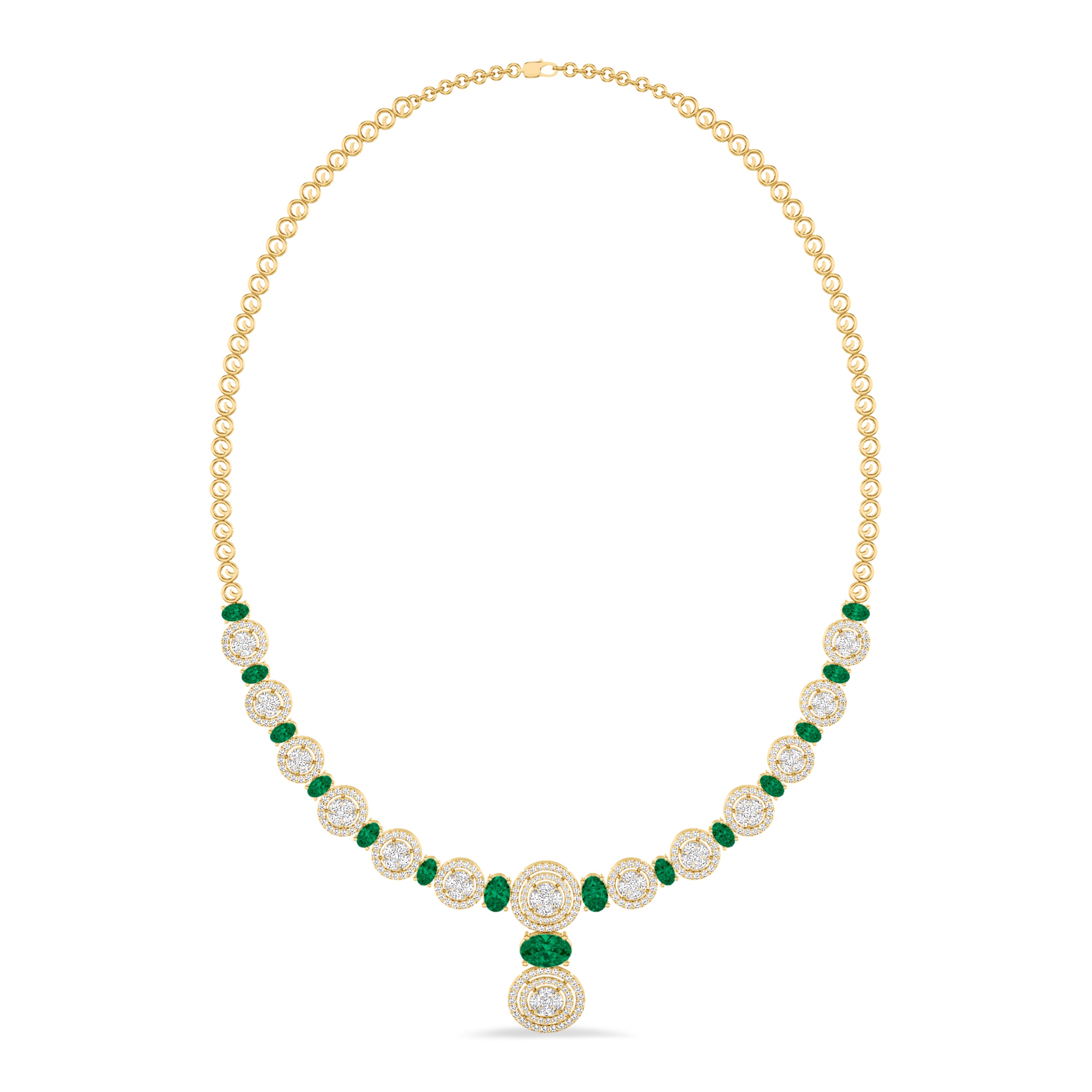 Diamond and emerald necklace in 4.71 carat diamonds, 5.09 carat emerald, F color, VS-SI clarity, 18k yellow gold #gold_yellow