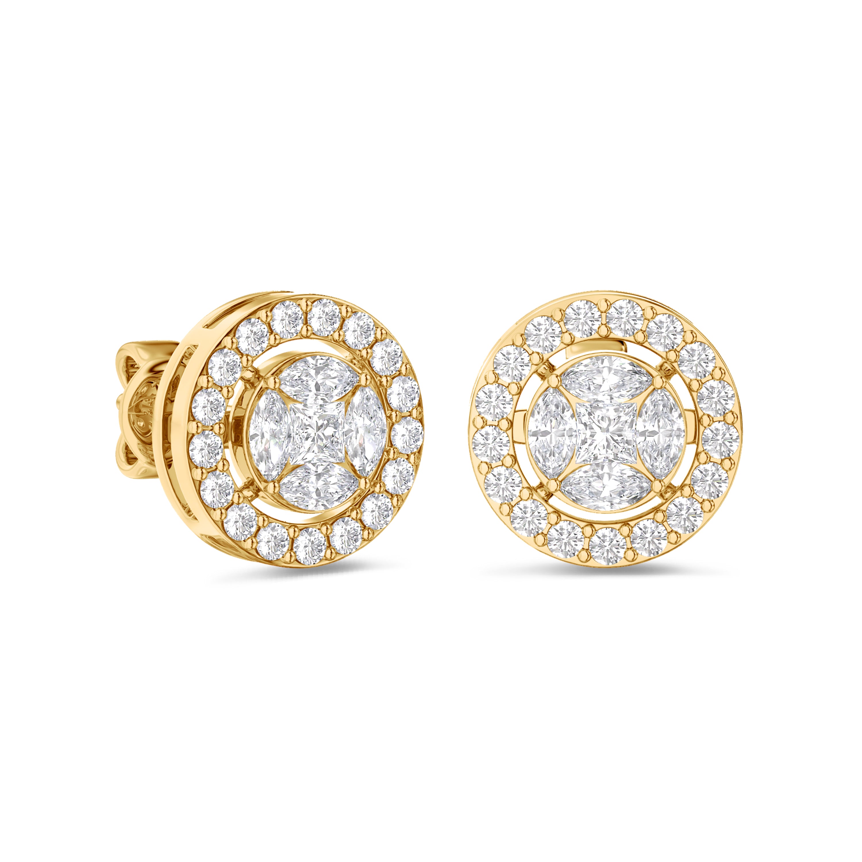 Round cluster diamond earrings in 18k gold, 0.72 carats, F-G color, VS-SI clarity, yellow gold #gold_yellow