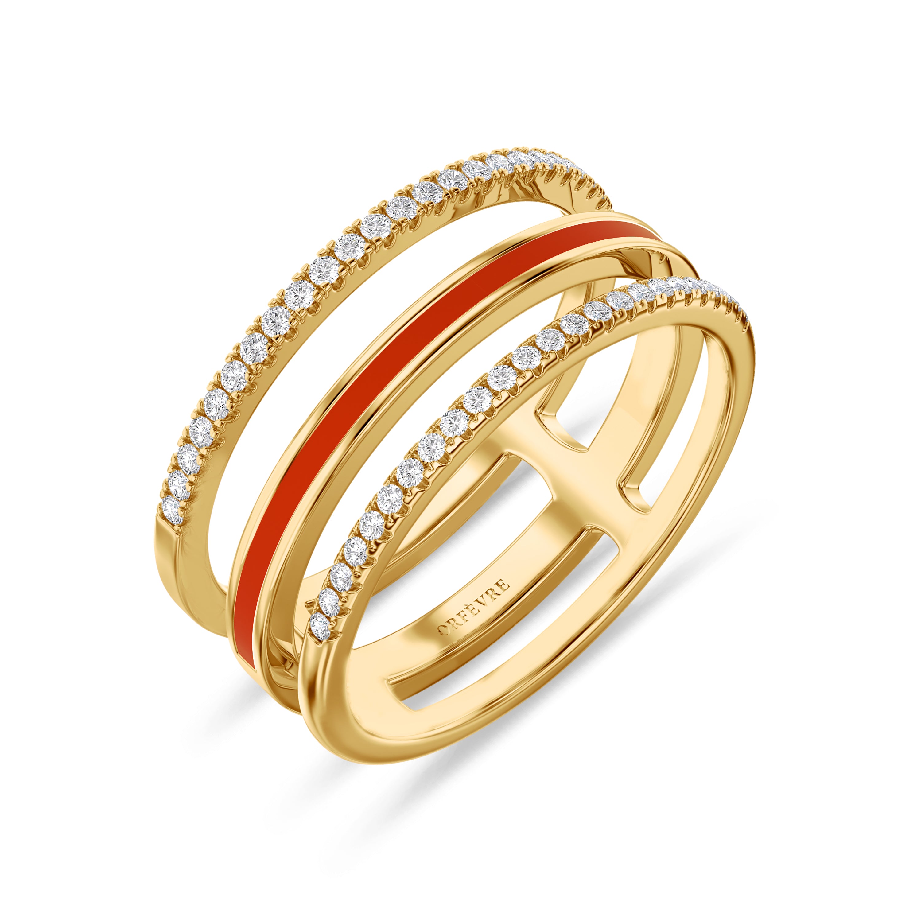Triple band red enamel ring in 18k gold, 0.22 carats, FG color and SI clarity #gold_yellow