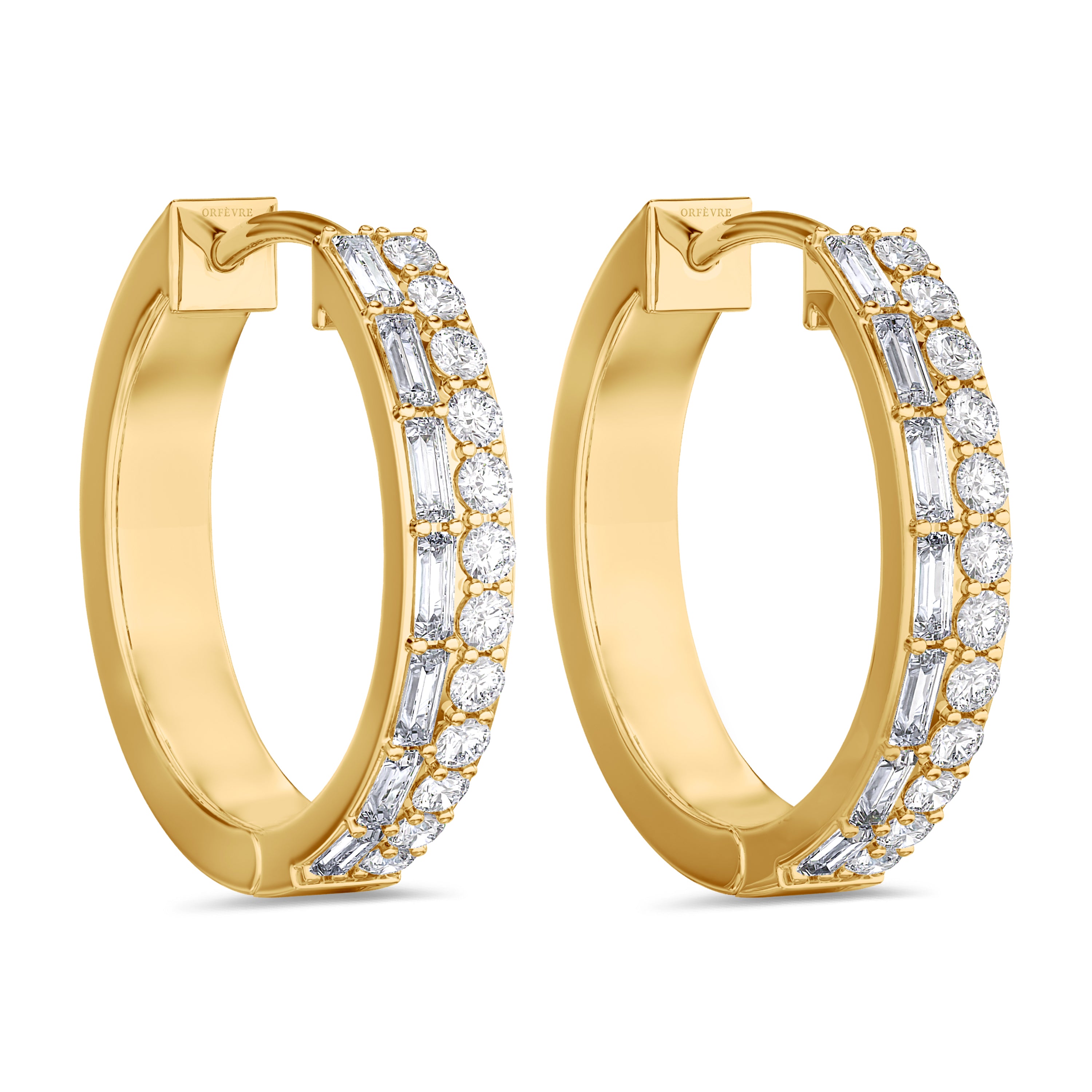 Double row diamond hoop earrings in around 0.94 carat, FG color, SI clarity #gold_yellow