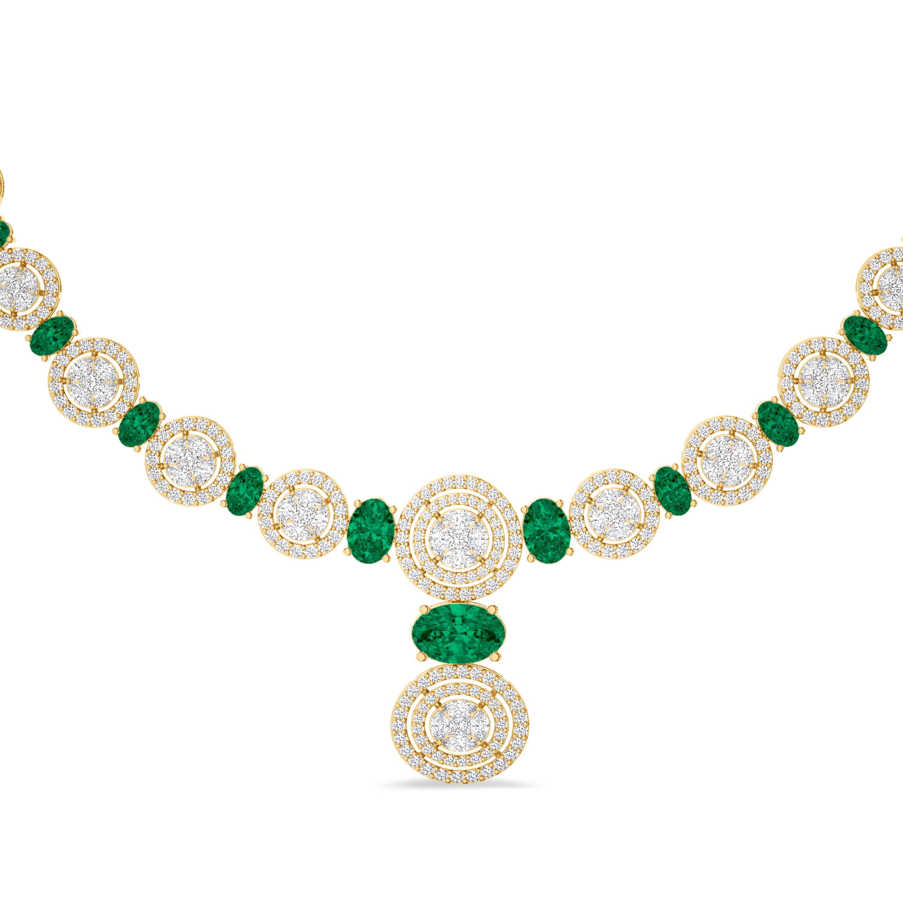 Diamond and emerald necklace in 4.71 carat diamonds, 5.09 carat emerald, F color, VS-SI clarity, 18k yellow gold #gold_yellow