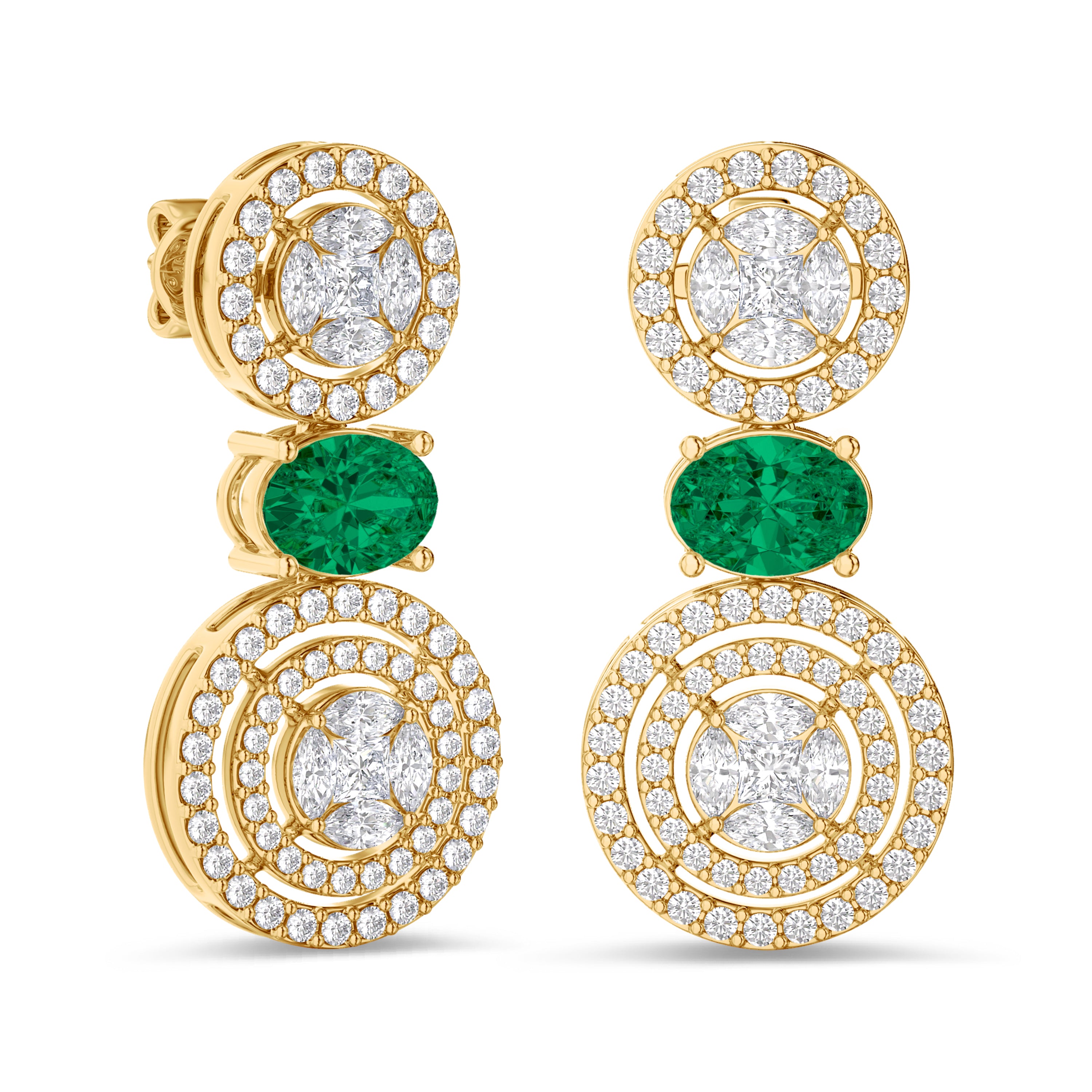 Diamond and emerald earrings in 2.01 carat diamond, 1.32 carat emerald, F color, VS-SI clarity, 18k yellow gold #gold_yellow