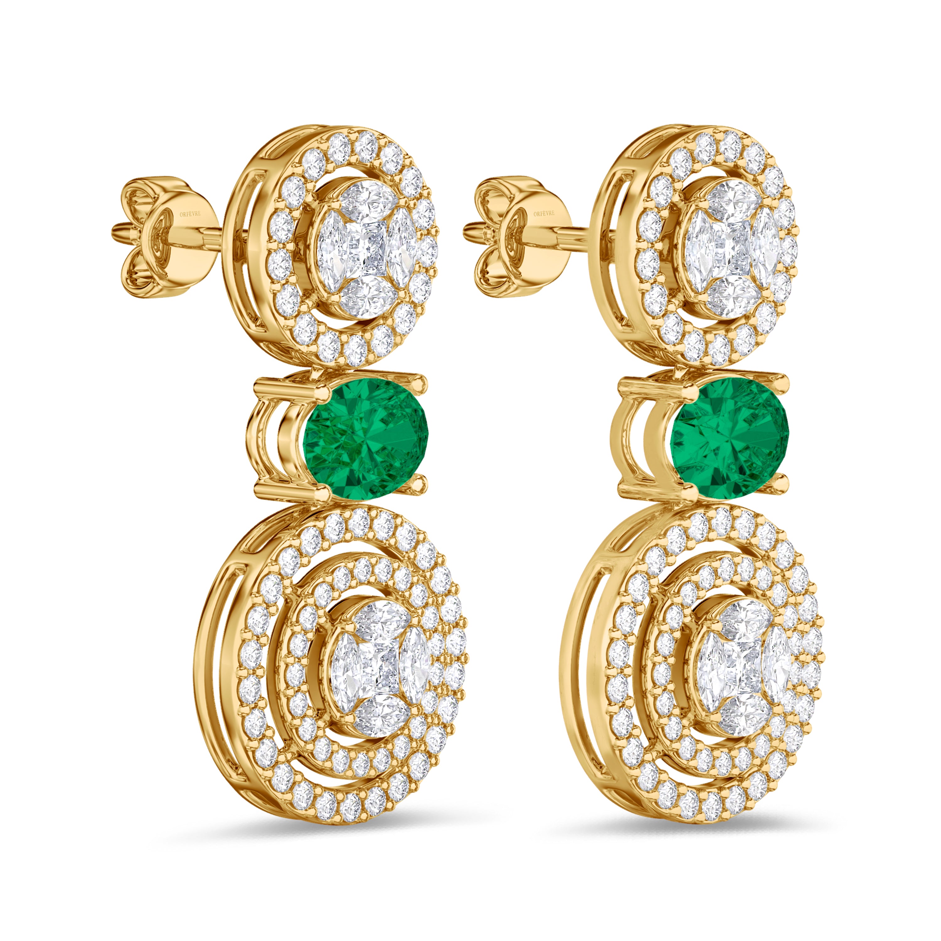 Diamond and emerald earrings in 2.01 carat diamond, 1.32 carat emerald, F color, VS-SI clarity, 18k yellow gold #gold_yellow