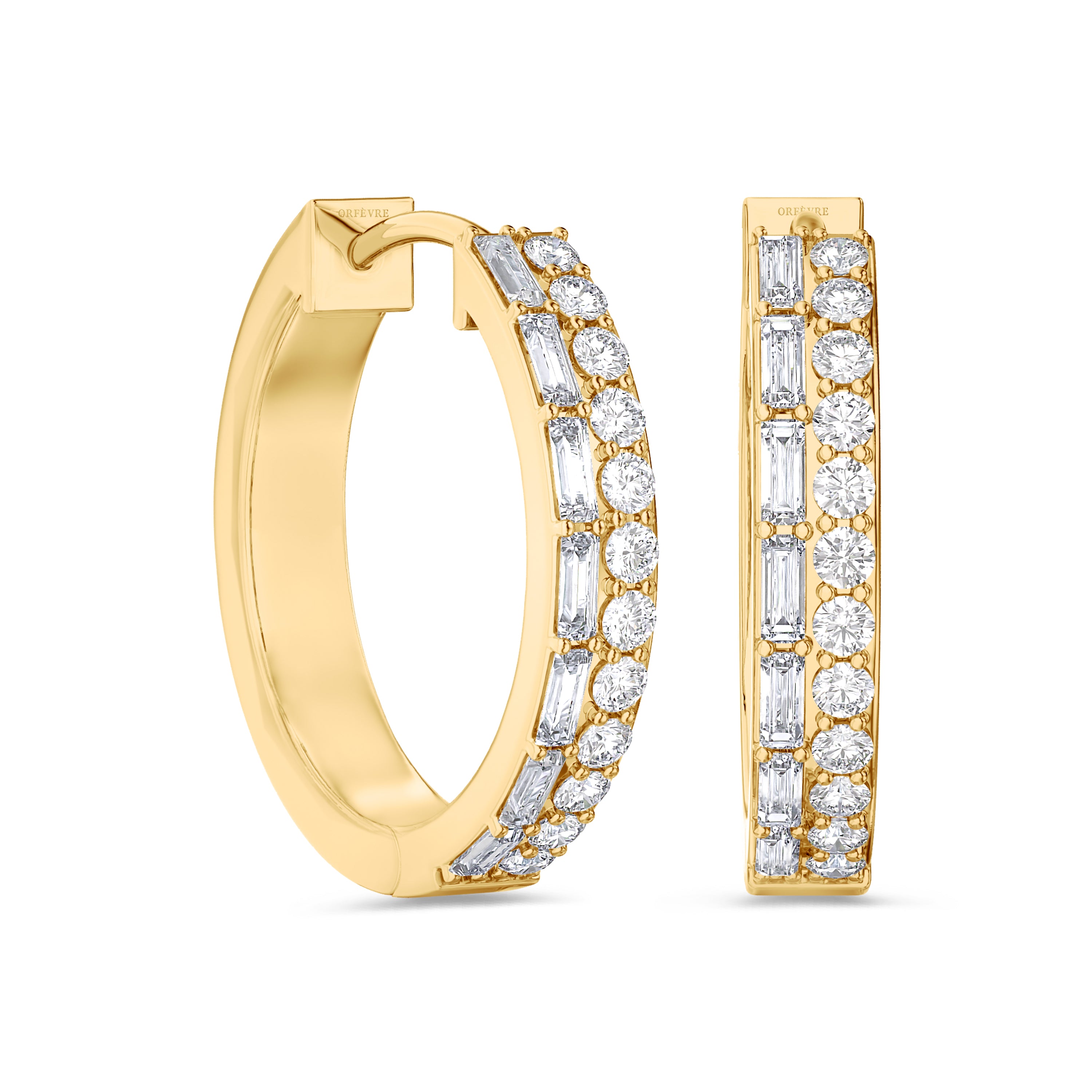 Double row diamond hoop earrings in around 0.94 carat, FG color, SI clarity #gold_yellow