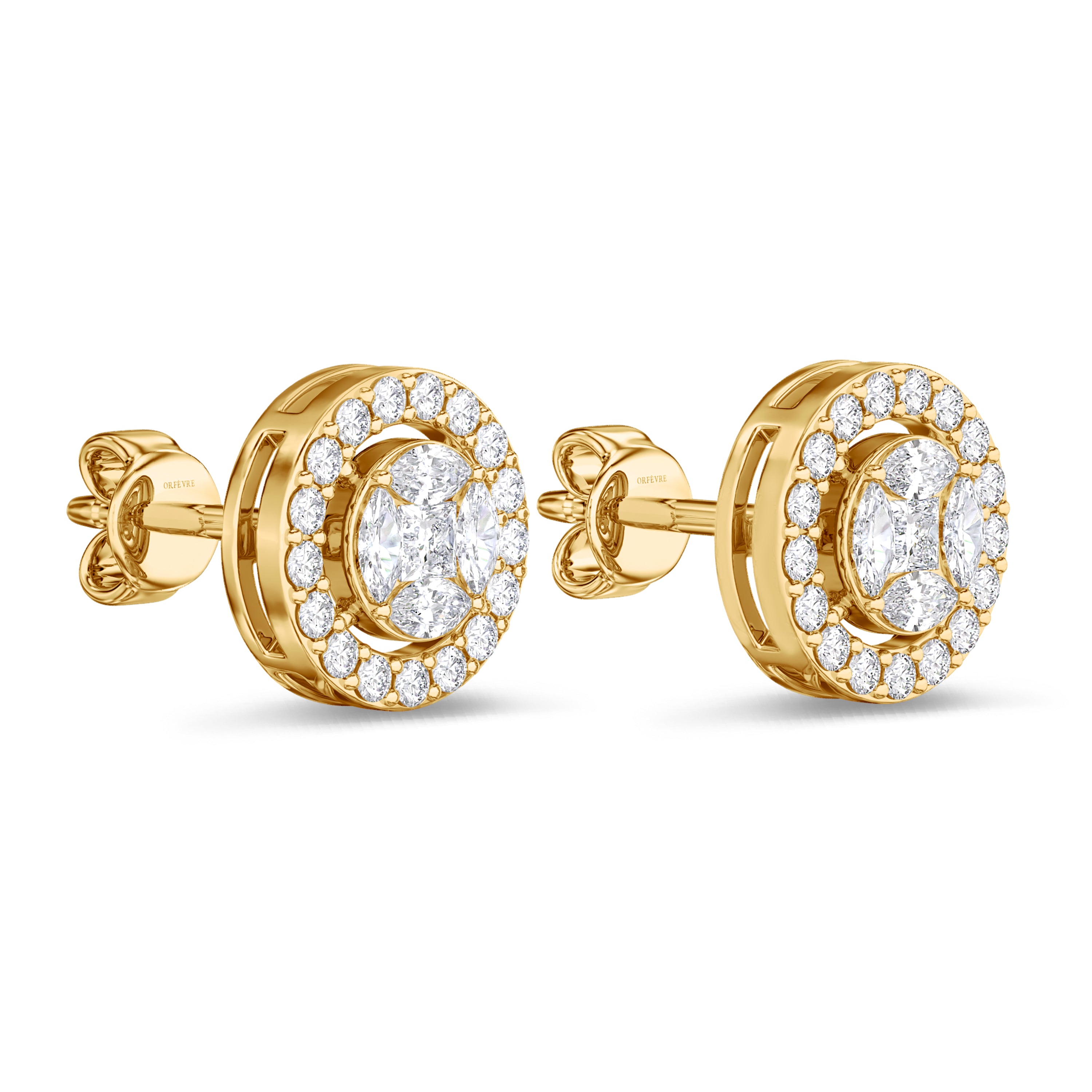 Round cluster diamond earrings in 18k gold, 0.72 carats, F-G color, VS-SI clarity, yellow gold #gold_yellow