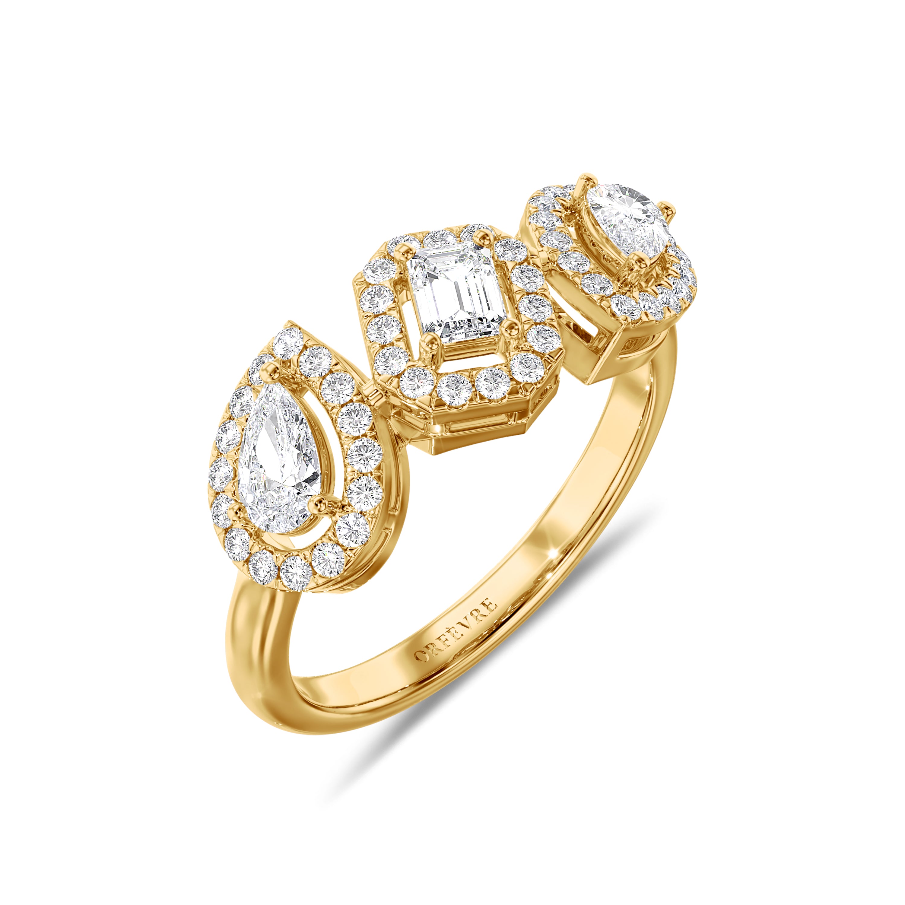 Emerald and Two Pear Cut Diamond Ring in 18k gold, 0.60 carats total, FG color, SI clarity #gold_yellow