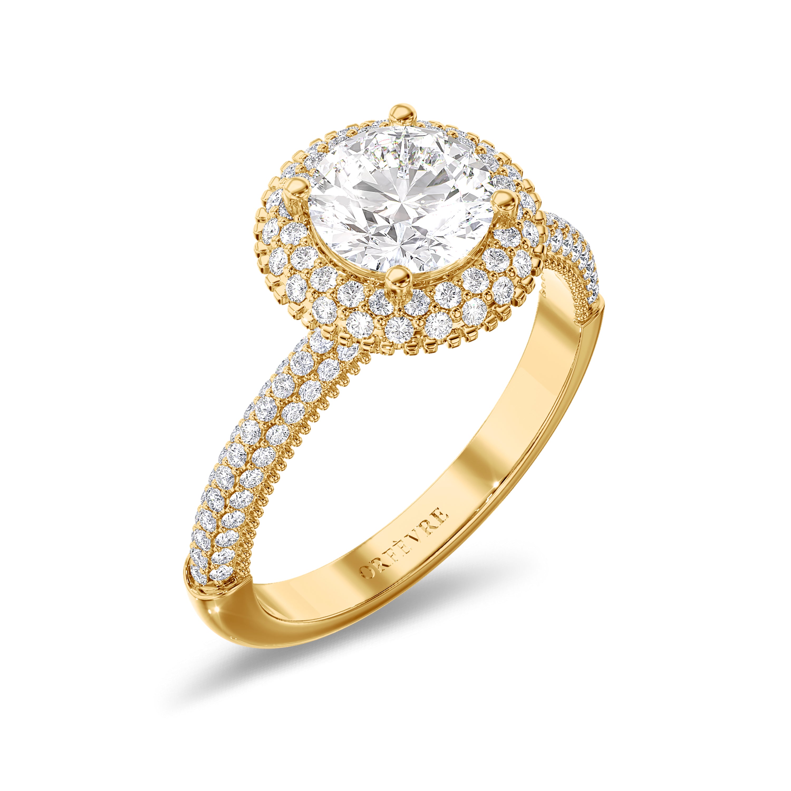 Halo engagement ring in 1.59 carats, F color, VS1 clarity, yellow gold #gold_yellow
