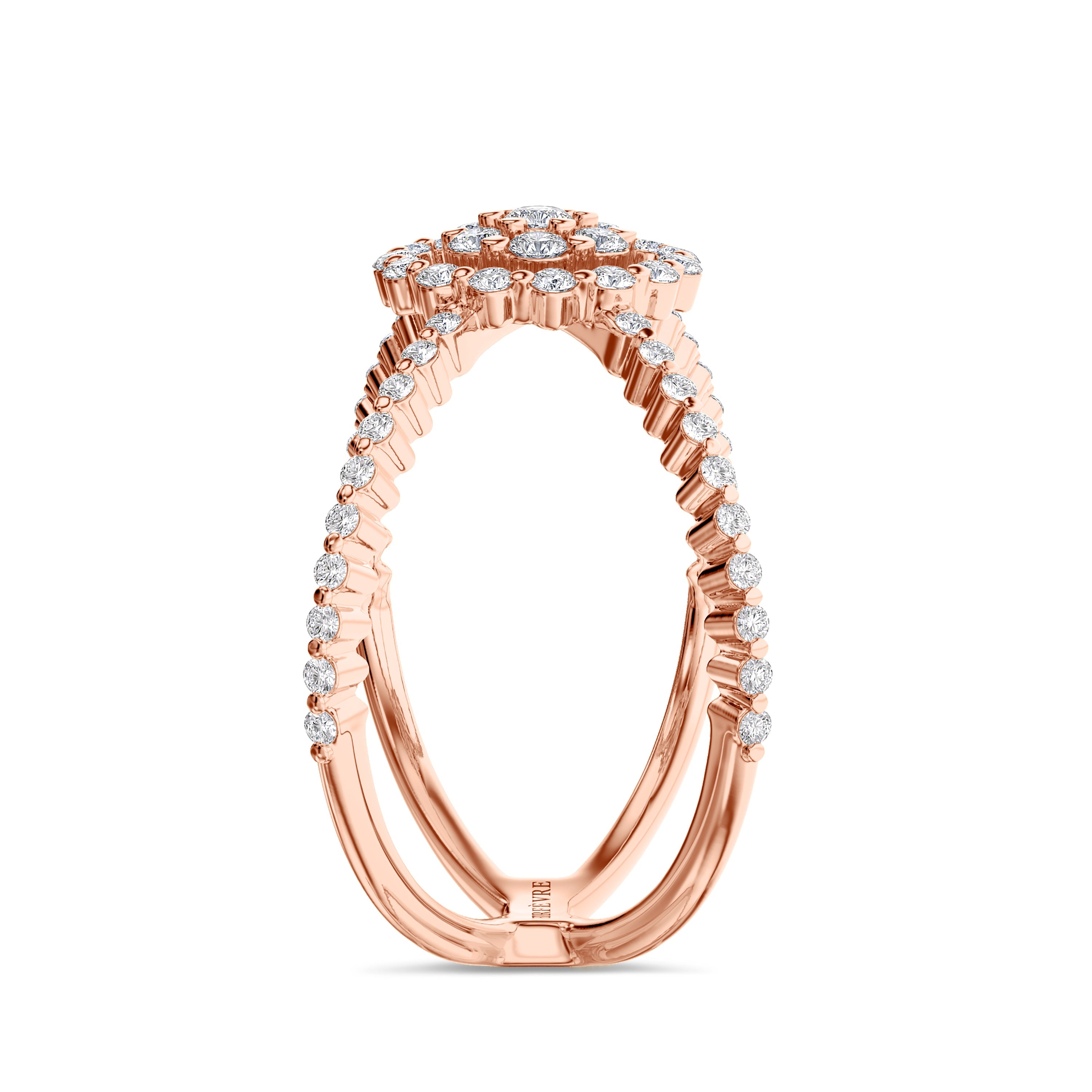 18K criss cross orbit ring in rose gold, 0.52 carat, FG color and SI clarity
