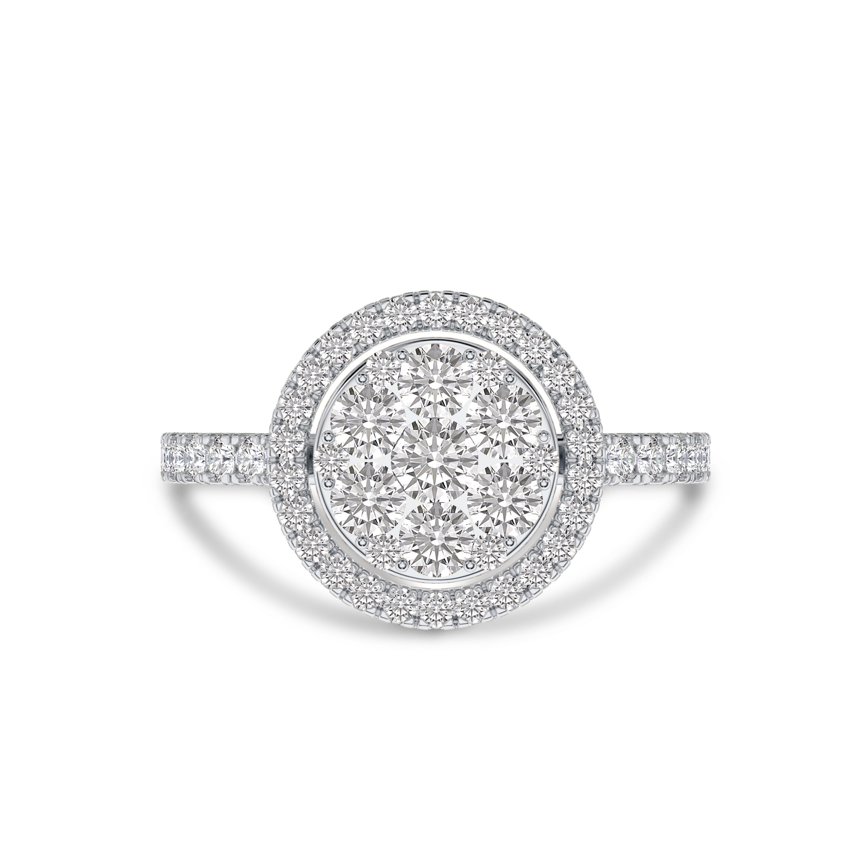 18K white gold halo diamond ring in 1.1 carat, FG color and SI clarity