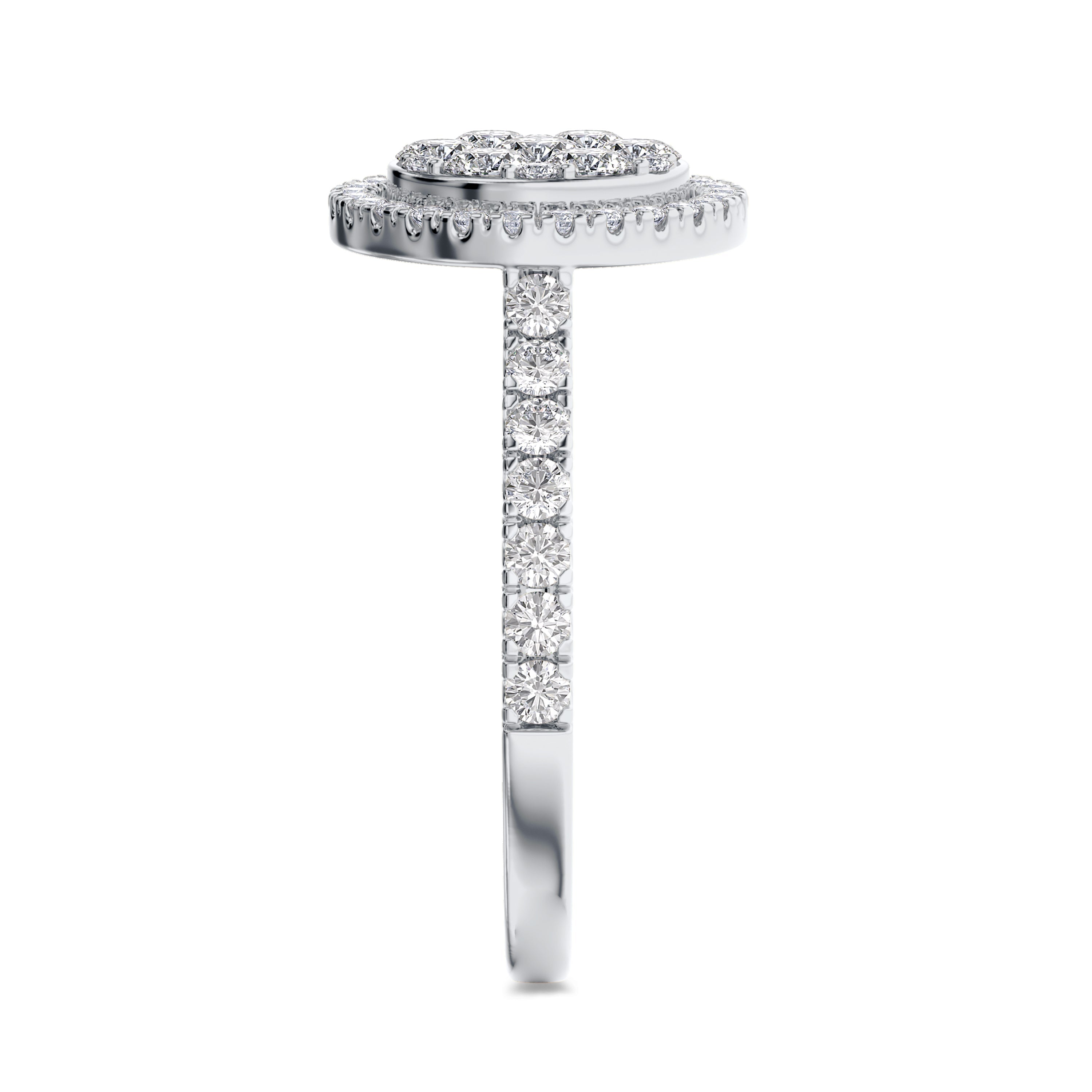 18K white gold halo diamond ring in 1.1 carat, FG color and SI clarity