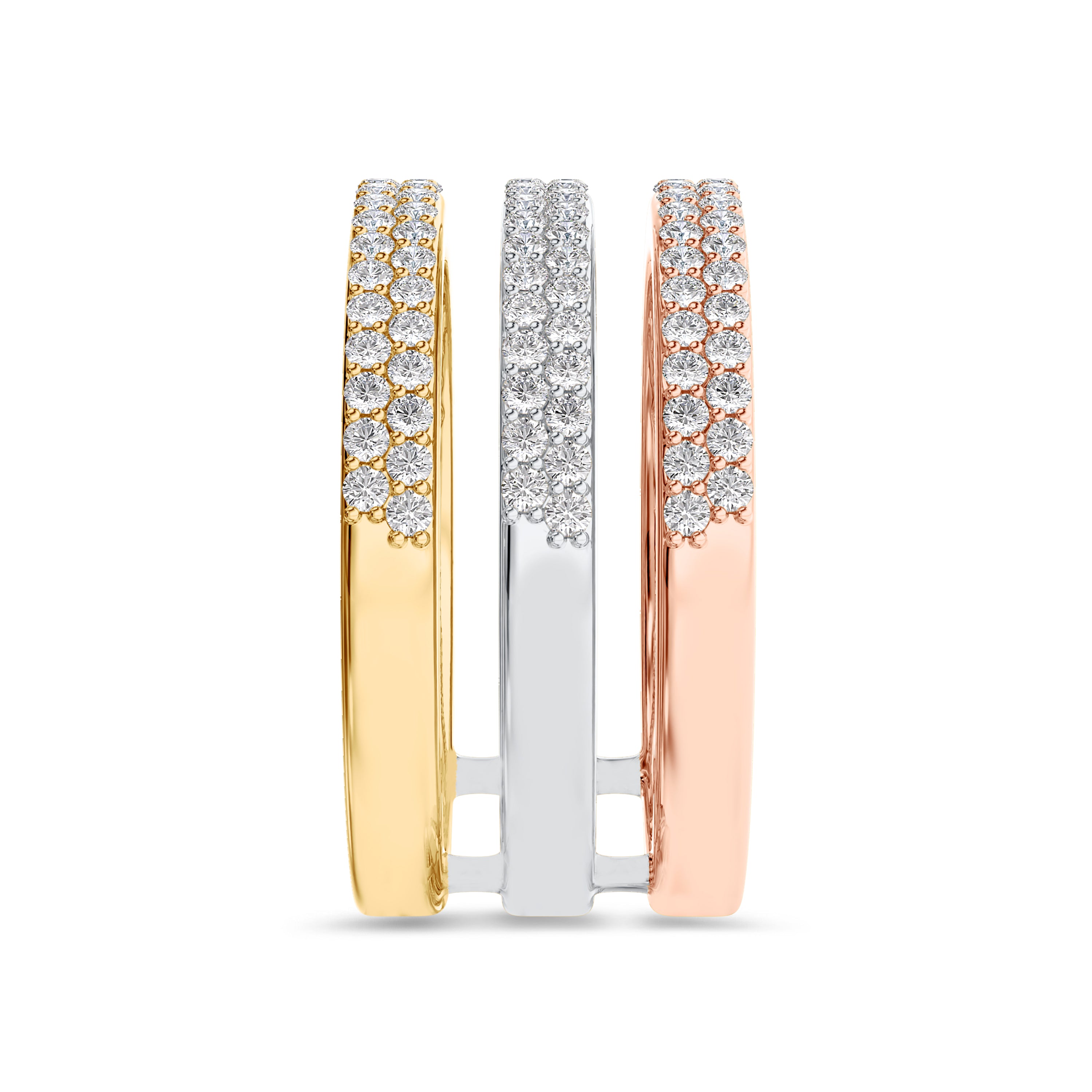 Tri color diamond ring in 18k rose, white and yellow gold, 0.92 carat, FG color, SI clarity 