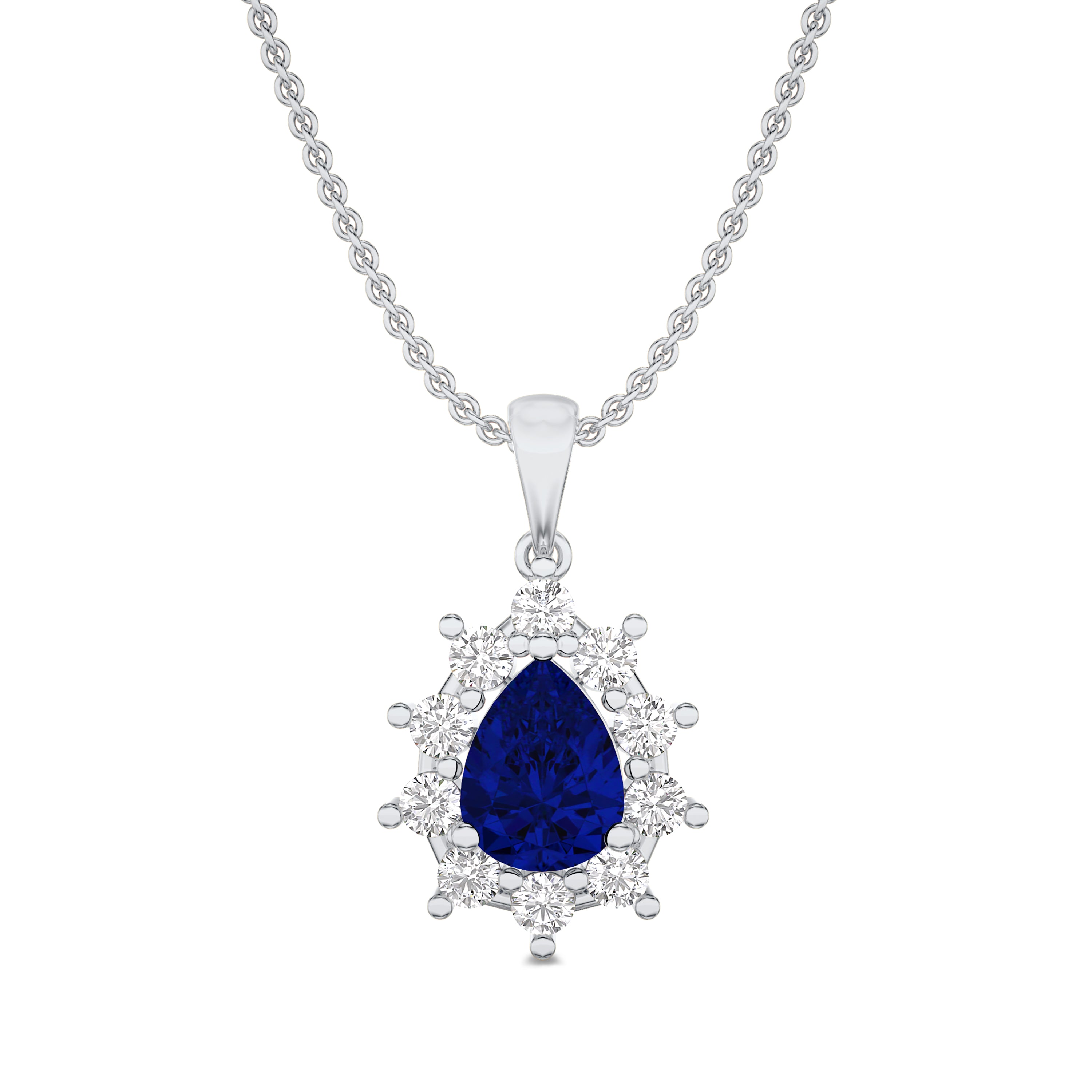diamond and pear shaped sapphire necklace in 18K white gold, FG color, SI clarity, diamonds in 0.43 carats, sapphire in 0.90 carats