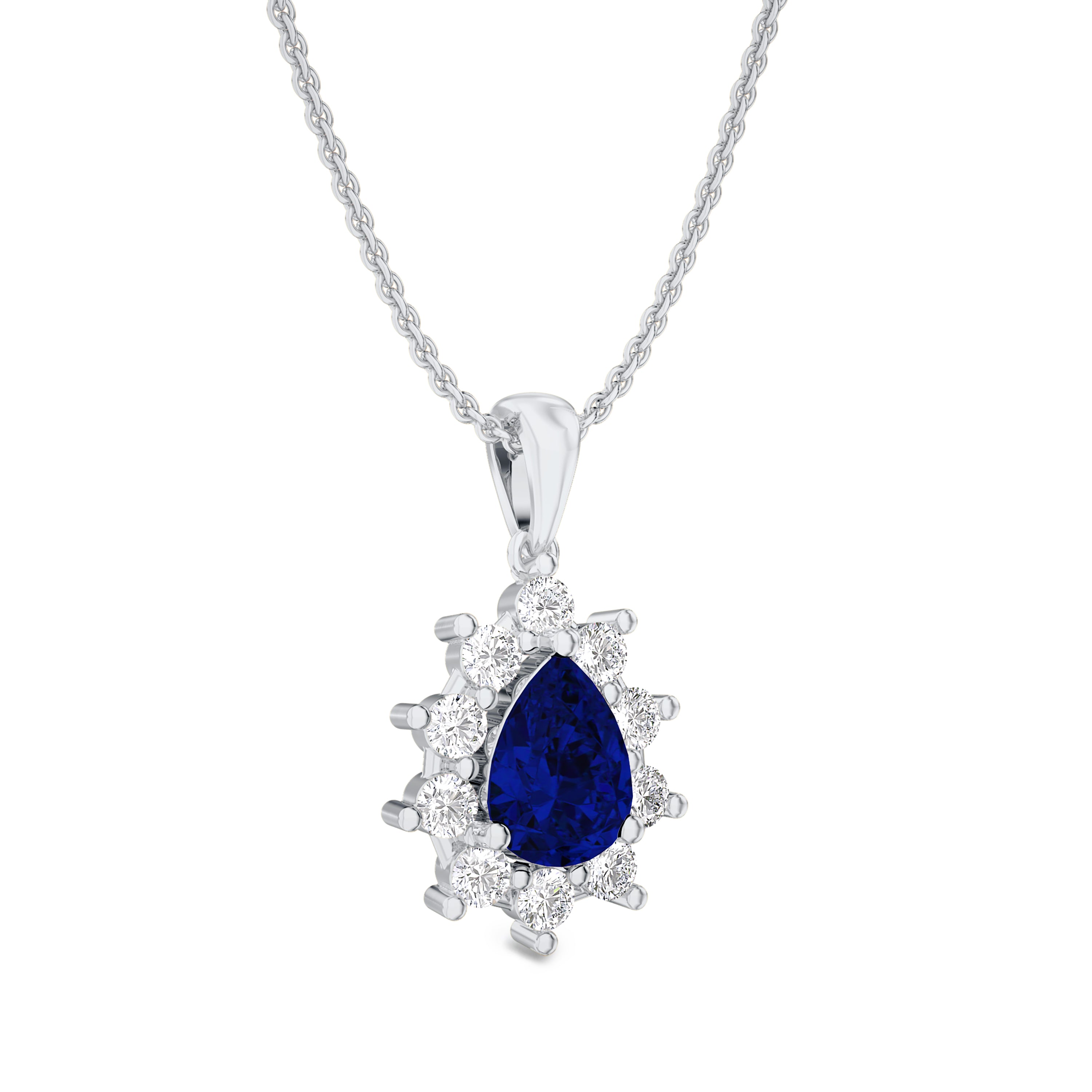 diamond and pear shaped sapphire necklace in 18K white gold, FG color, SI clarity, diamonds in 0.43 carats, sapphire in 0.90 carats