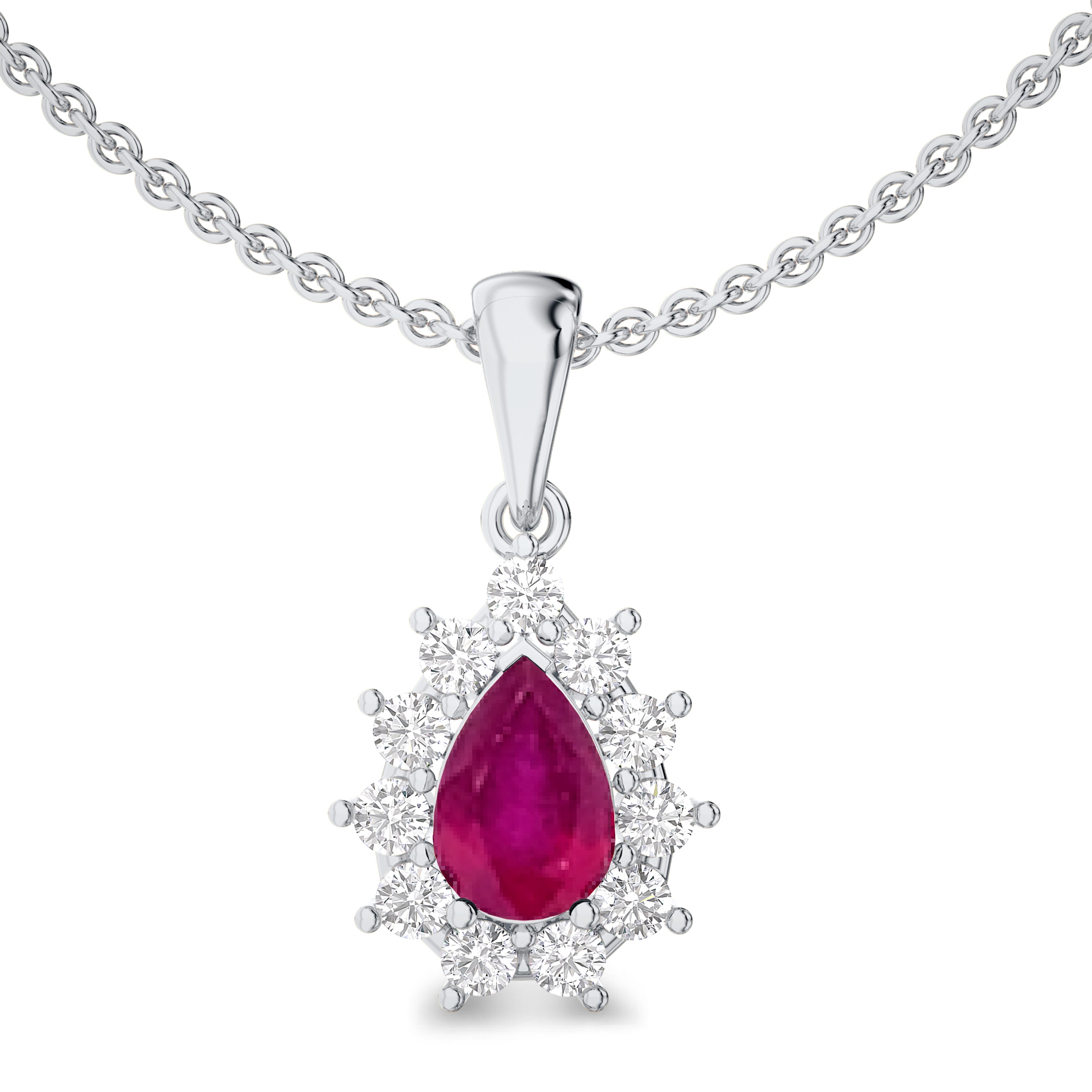 diamond and pear cut ruby necklace in 18k white gold, FG color, SI clarity, diamonds in 0.22 carat and ruby in 0.52 carat