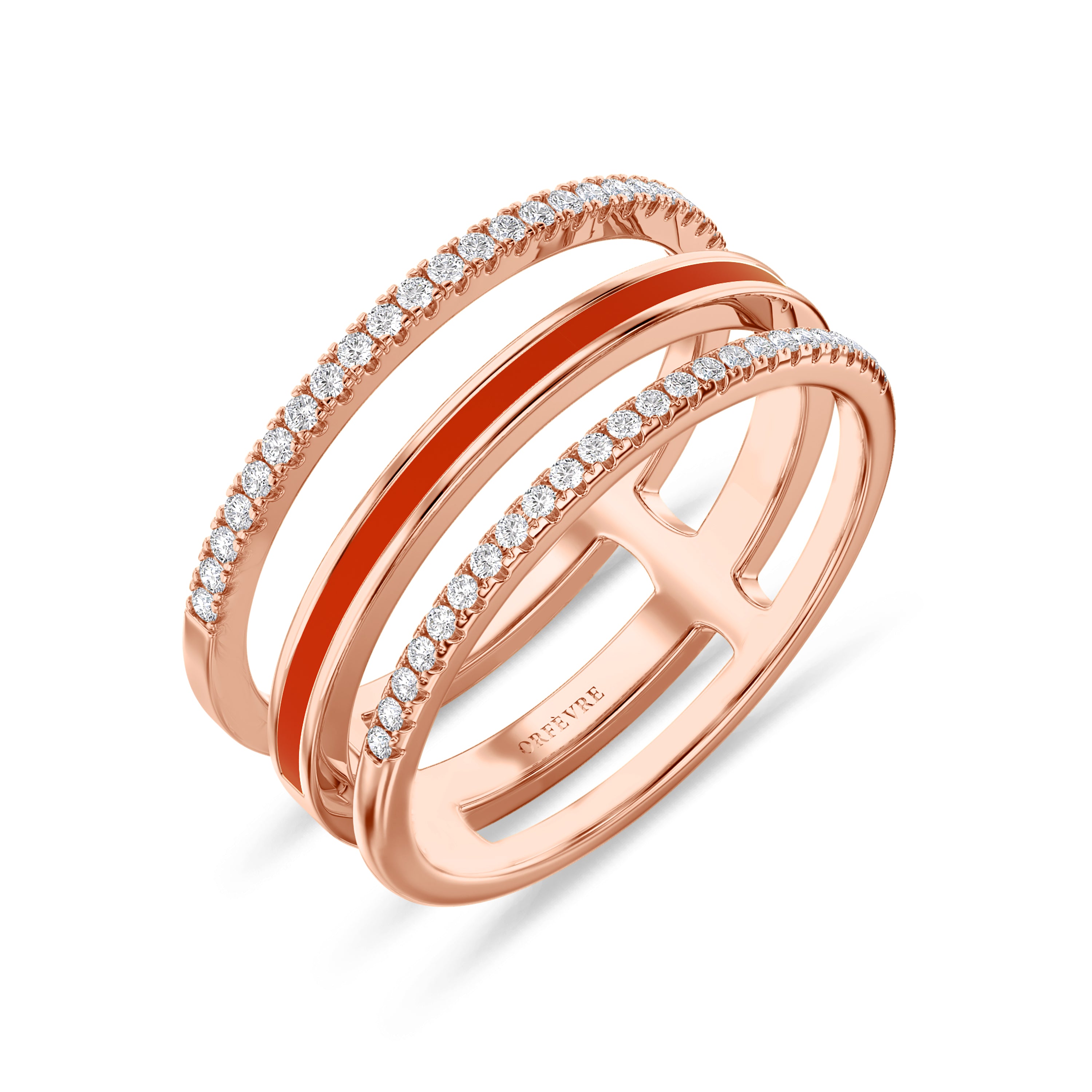 Triple band red enamel ring in 18k gold, 0.22 carats, FG color and SI clarity #gold_rose