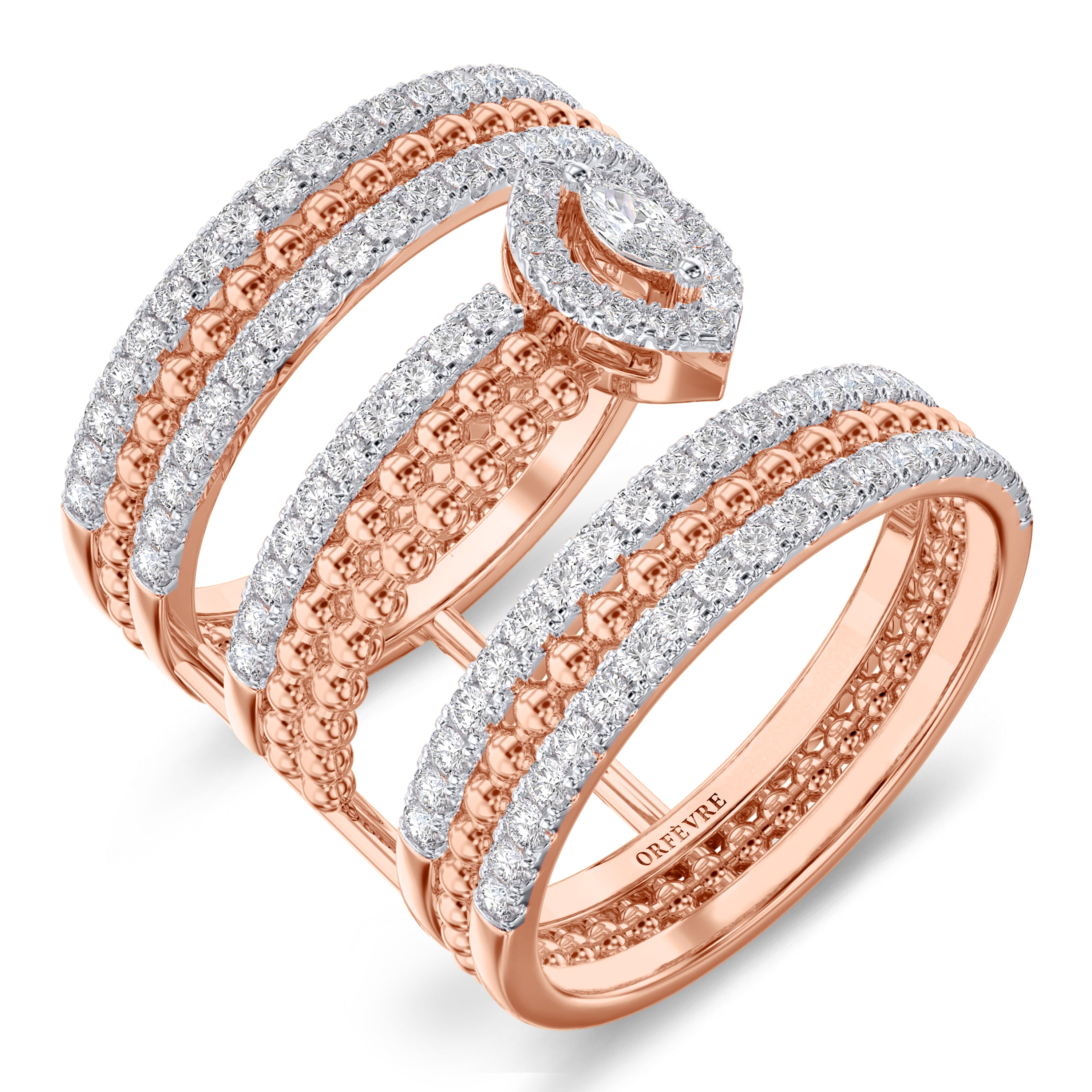 Multi band with marquise diamond in 18k gold, 0.78 carat, FG color and SI clarity #gold_rose