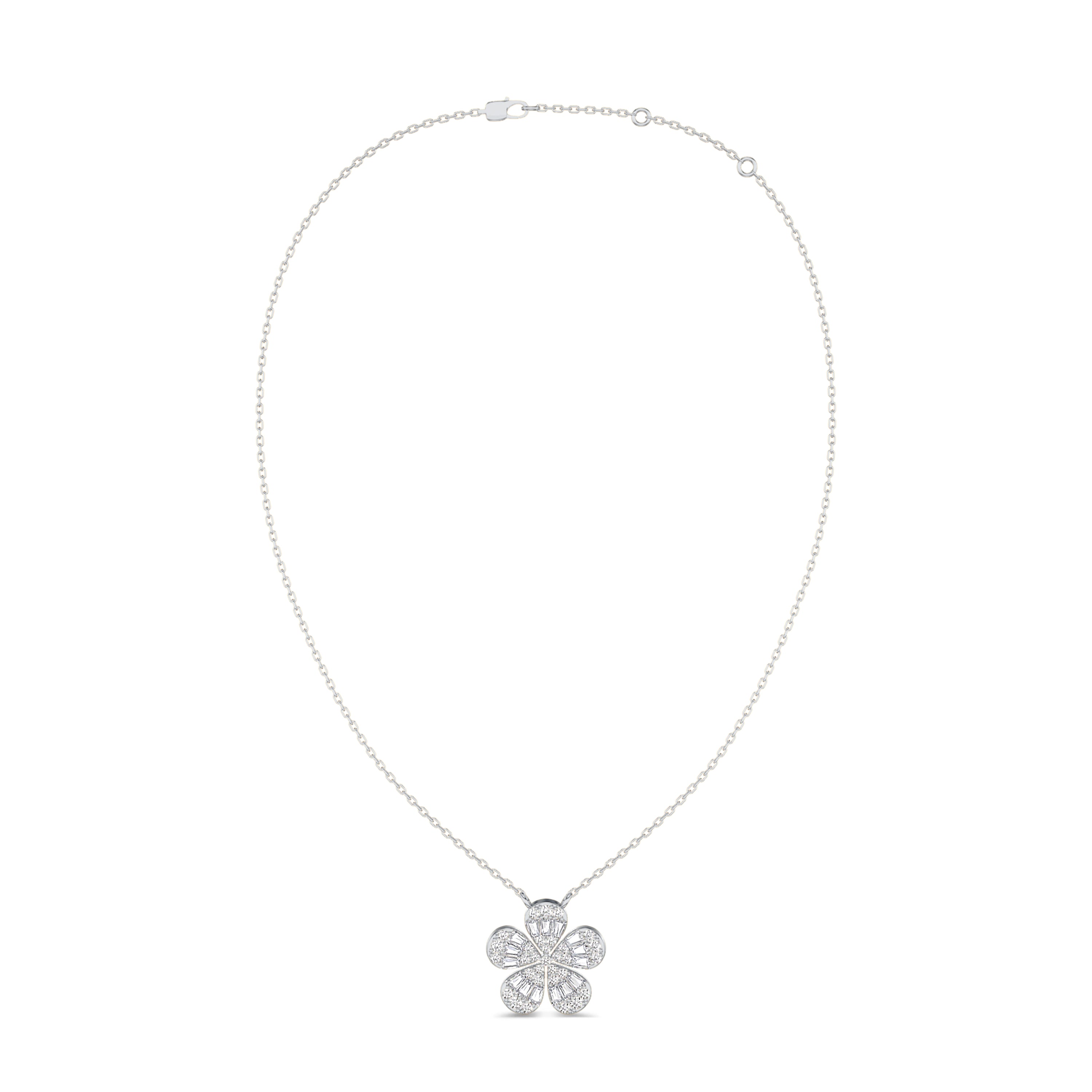 Flower diamond necklace in 0.48 carats, FG color, VS-SI clarity, 18k white gold
