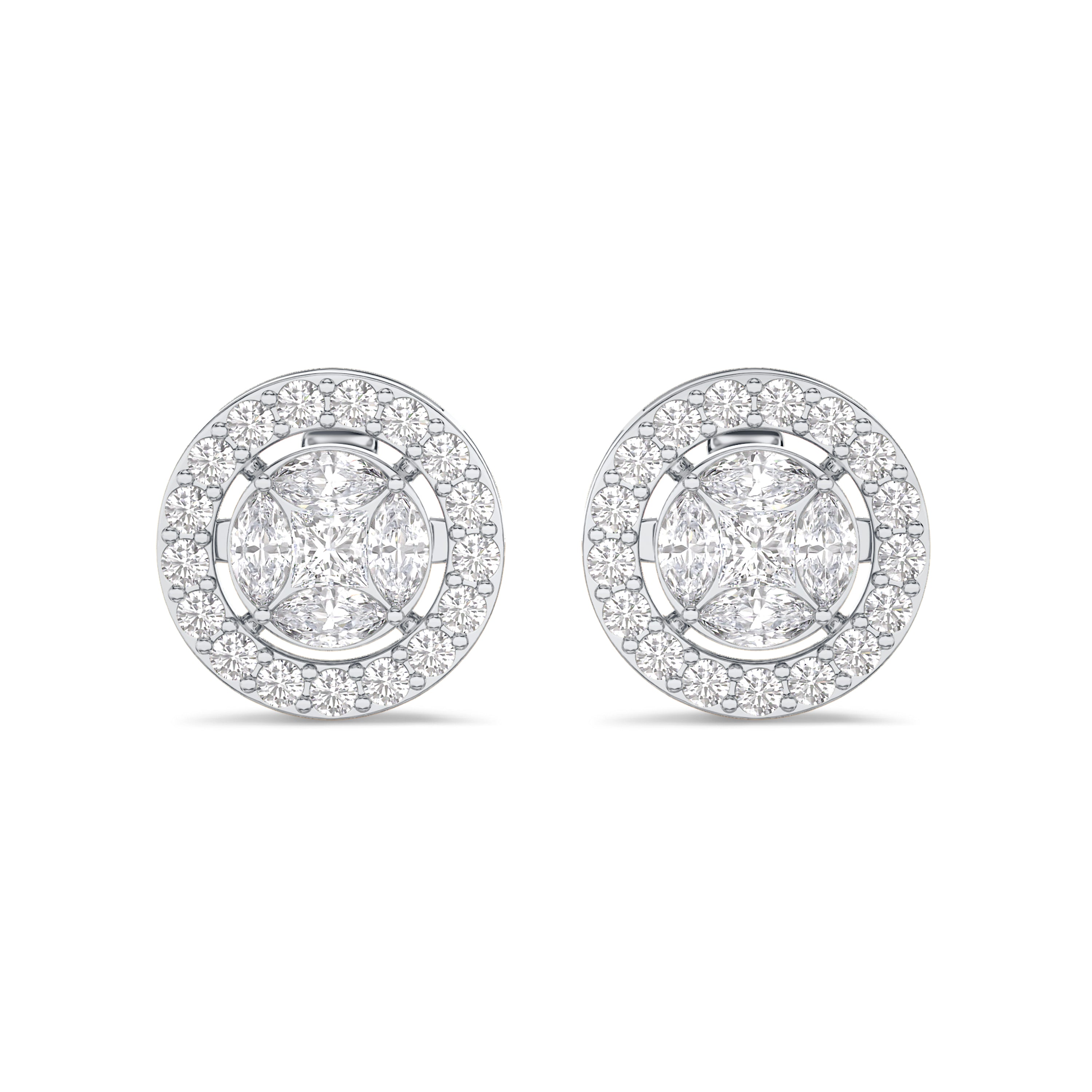 Round cluster diamond earrings in 18k gold, 0.72 carats, F-G color, VS-SI clarity, white gold #gold_white