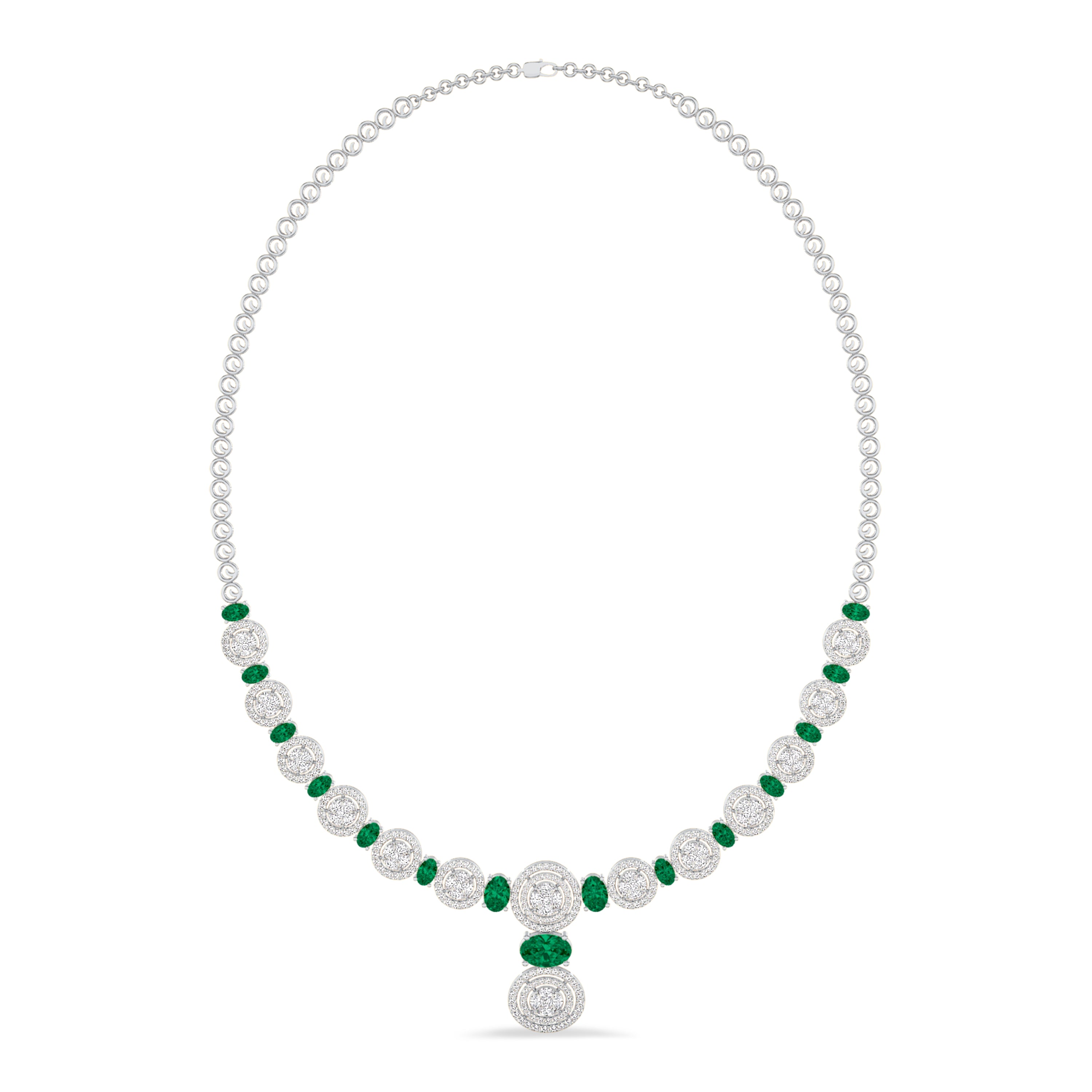 Diamond and emerald necklace in 4.71 carat diamonds, 5.09 carat emerald, F color, VS-SI clarity, 18k white gold #gold_white