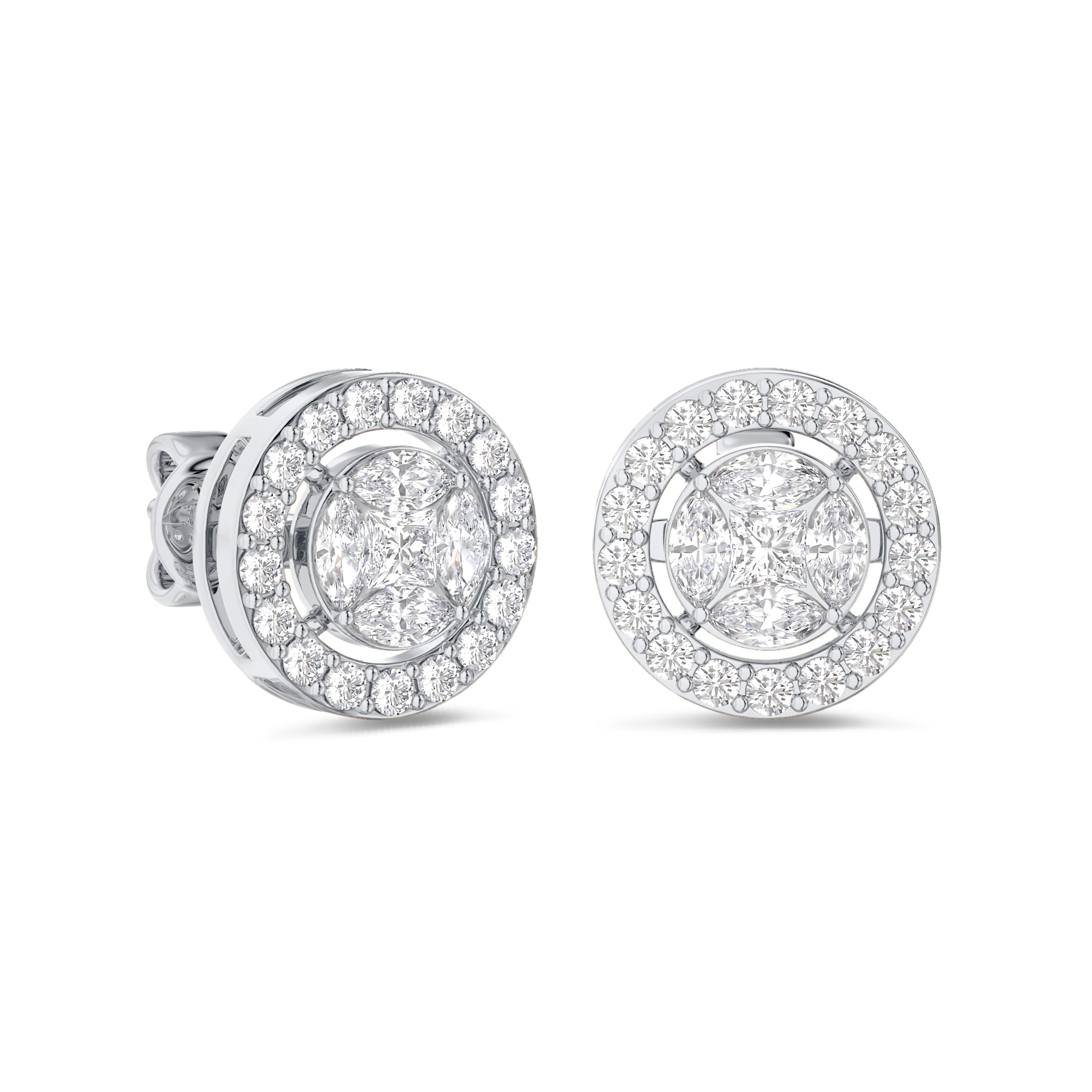 Round cluster diamond earrings in 18k gold, 0.72 carats, F-G color, VS-SI clarity, white gold #gold_white