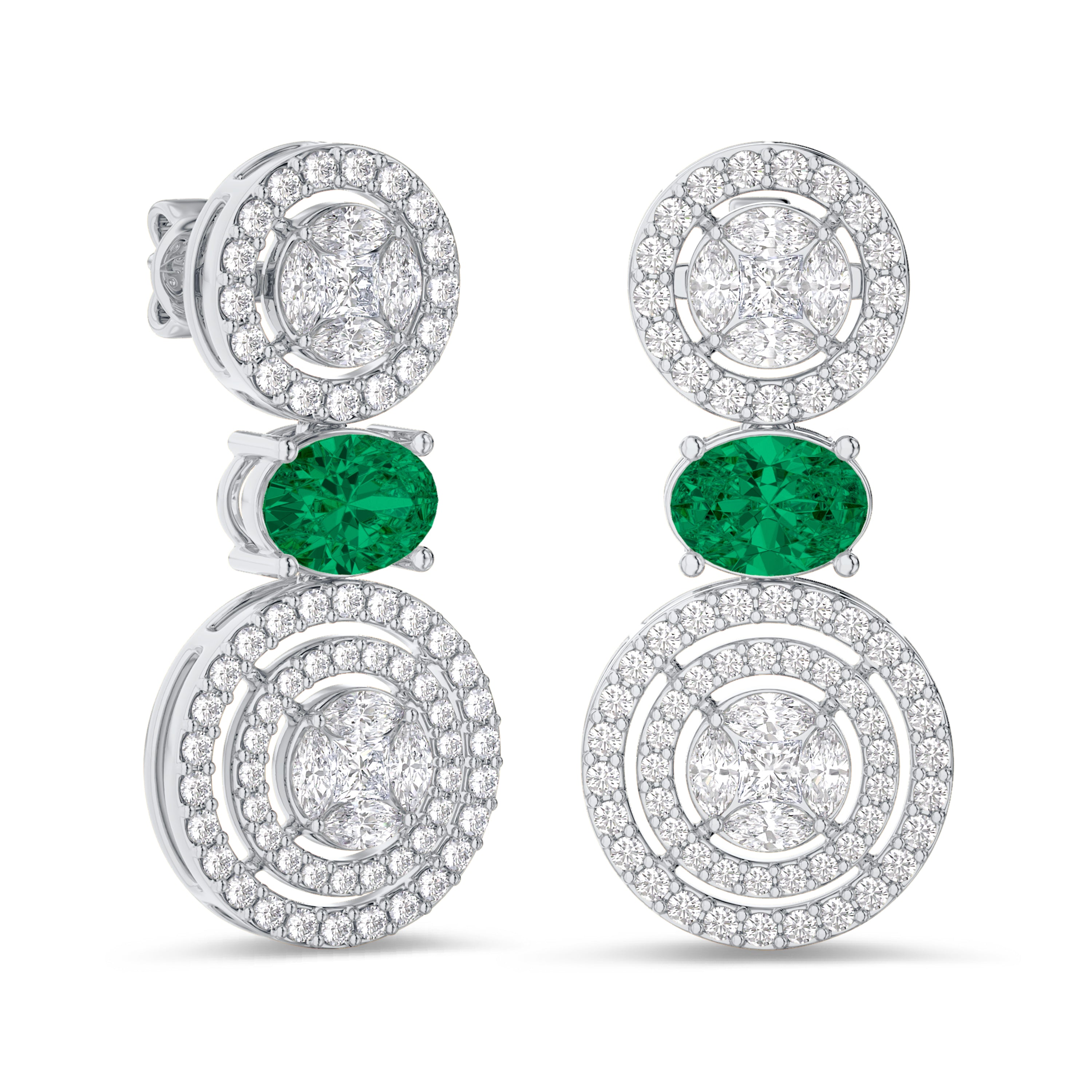 Diamond and emerald earrings in 2.01 carat diamond, 1.32 carat emerald, F color, VS-SI clarity, 18k white gold #gold_white