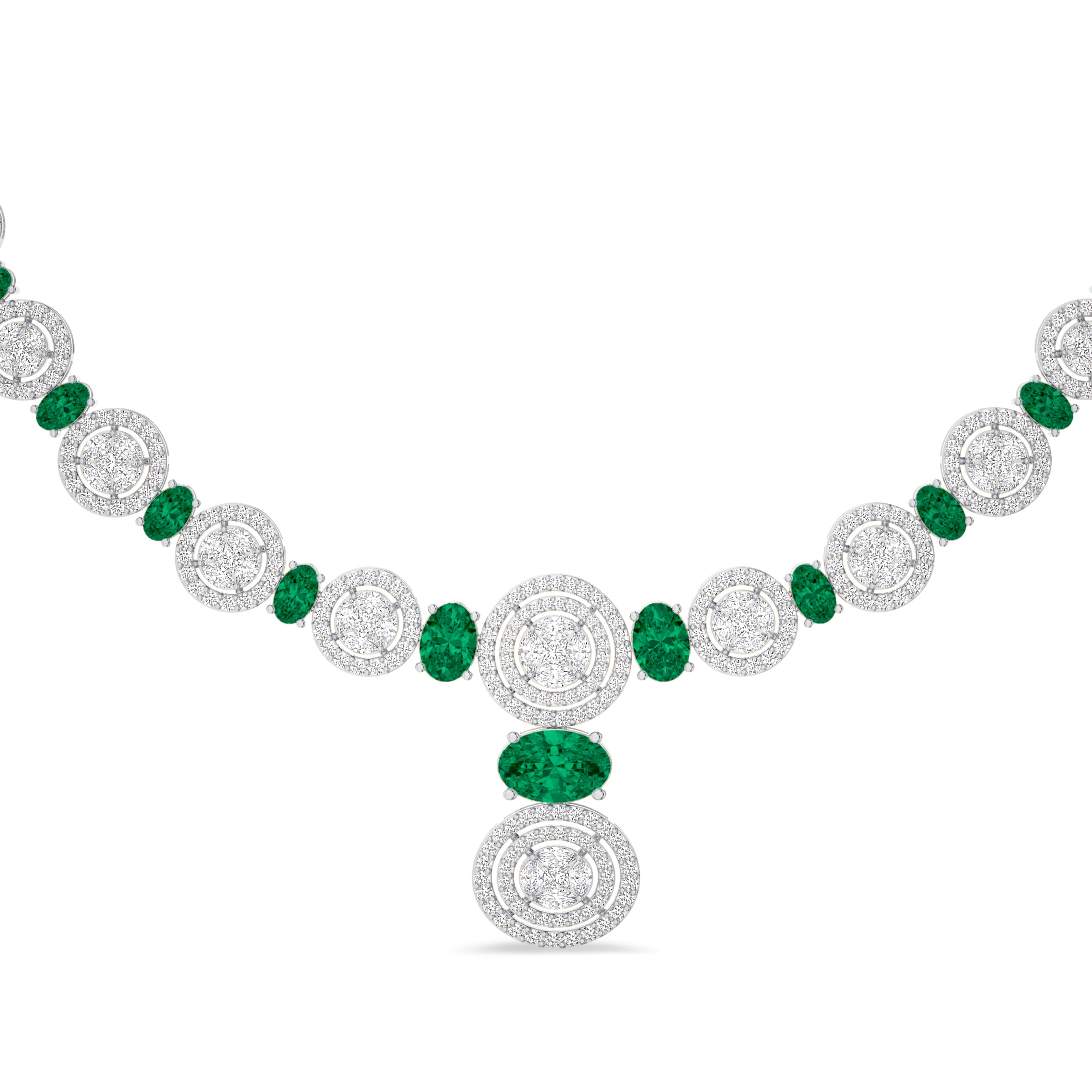 Diamond and emerald necklace in 4.71 carat diamonds, 5.09 carat emerald, F color, VS-SI clarity, 18k white gold #gold_white