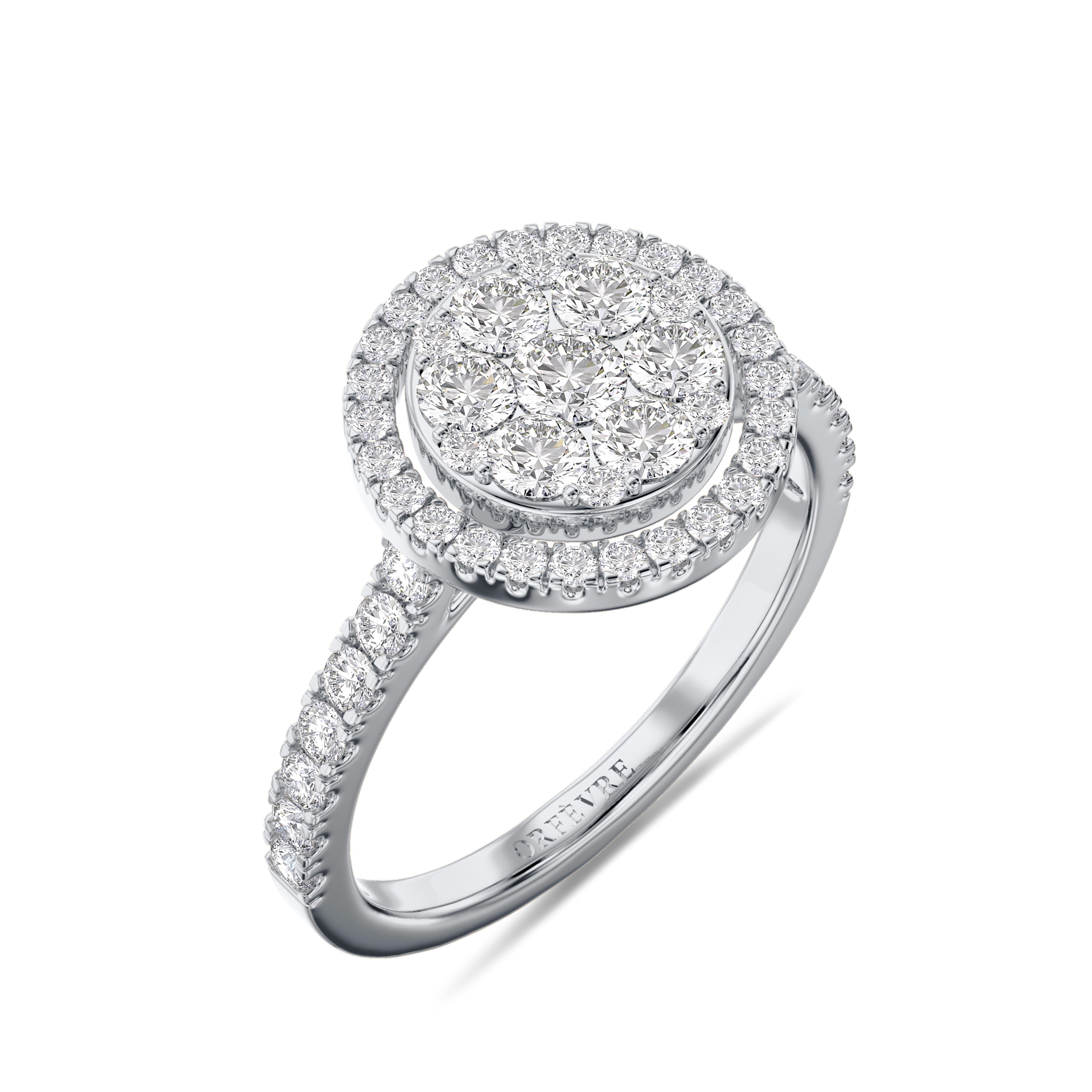 18K white gold halo diamond ring in 1.1 carat, FG color and SI clarity